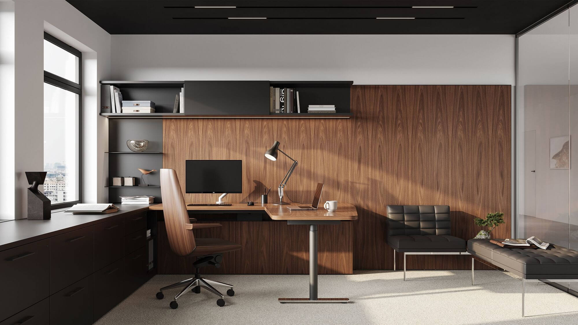 a walnut wood geiger one private office unit with an executive chair with a walnut shell and two leather lounge chairs on the right side next to a big windows.