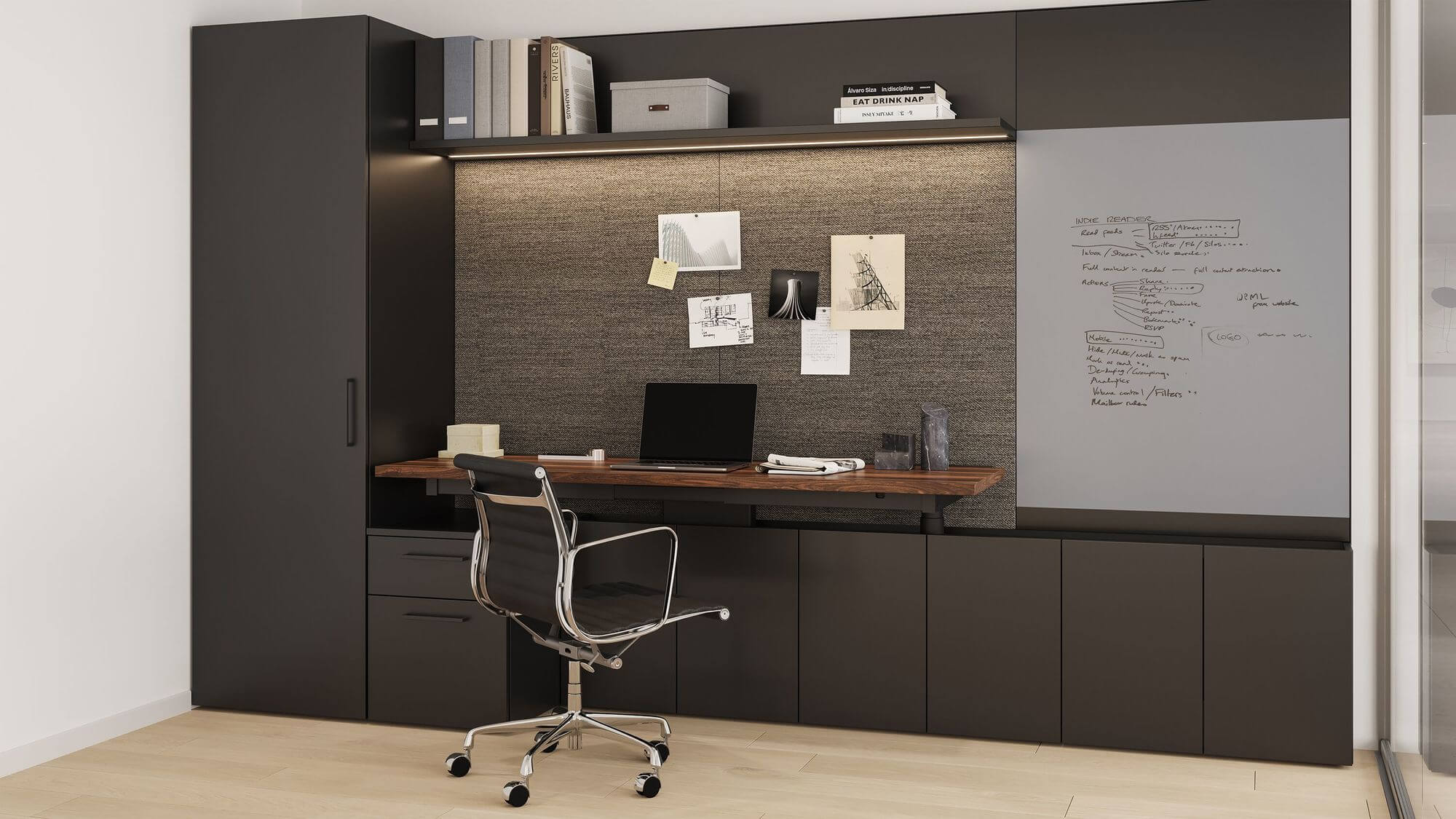 a dark wood geiger one private office unit with an executive chair next to a whiteboard