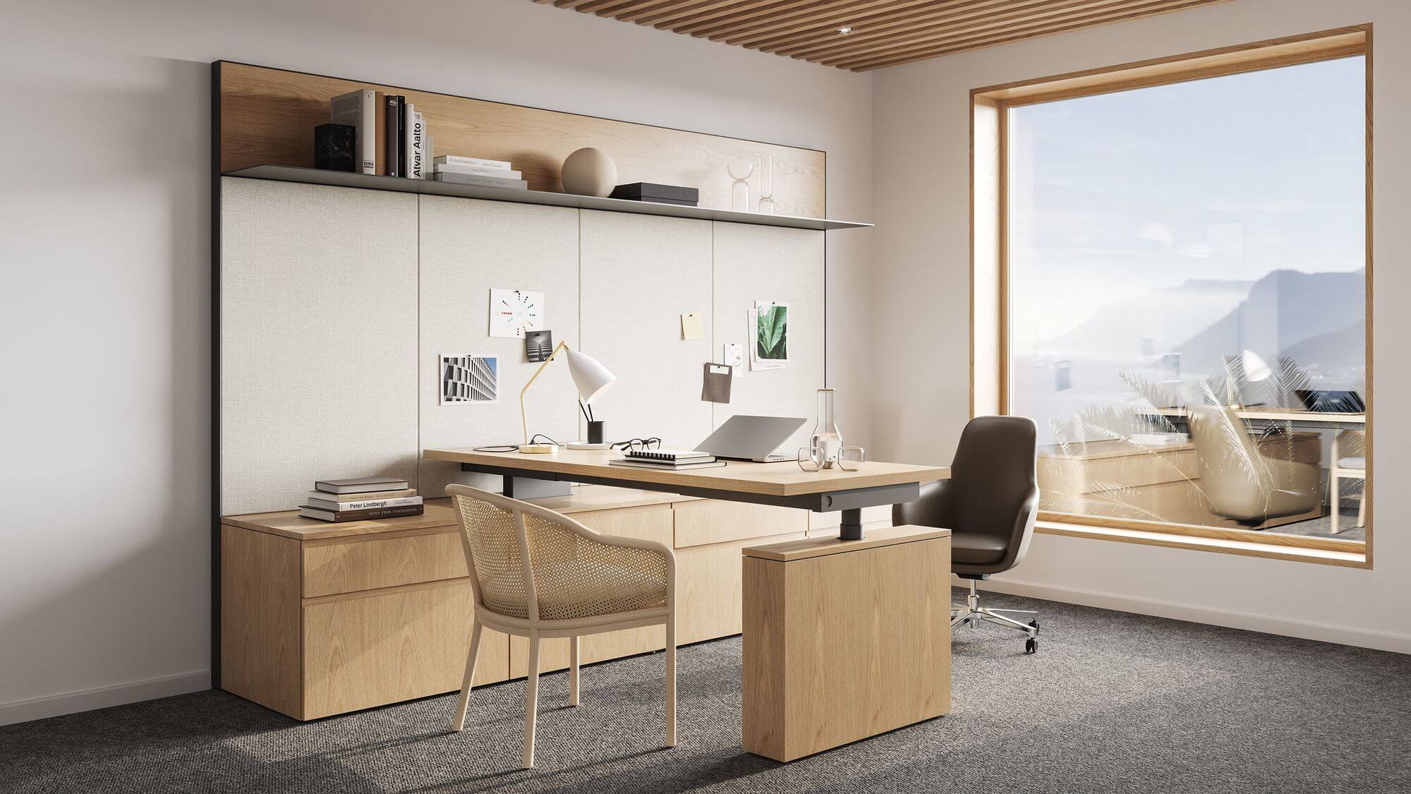a wooden geiger one private office unit with a sit-to-stand desk and an executive leather chair with a big window in the background