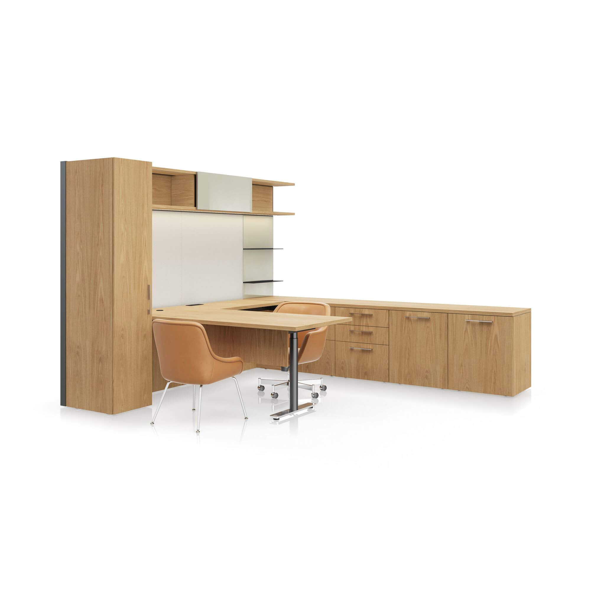 the side angle of a wooden geiger one private office unit with an executive chair in a white room