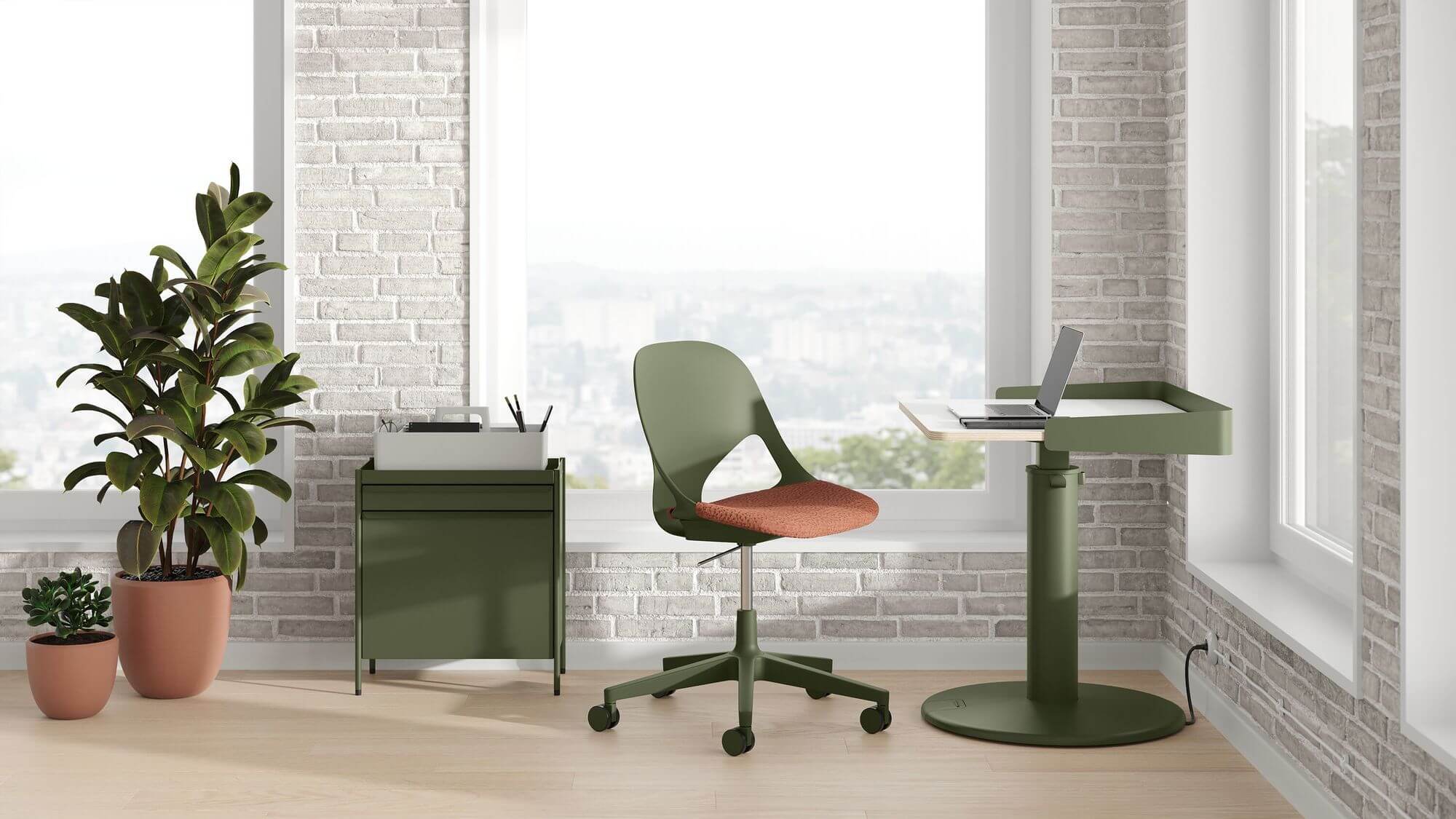 oe1 sit to stand table a modern office with brick walls and tall windows featuring it the right side next to a side chair, storage unit and plant on the left side