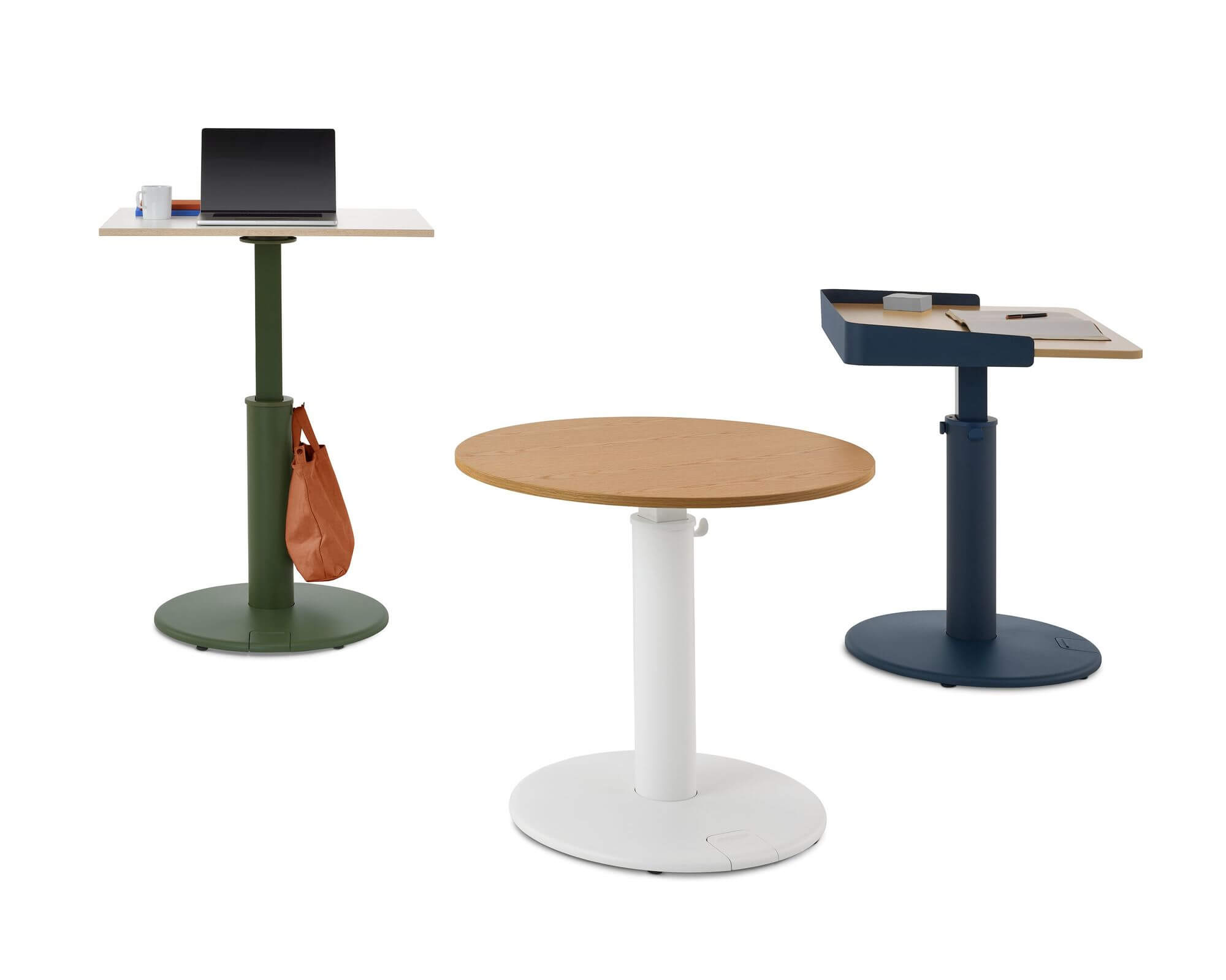 three oe1 sit to stand tables in a white room featuring different top shapes and different colours in a white room