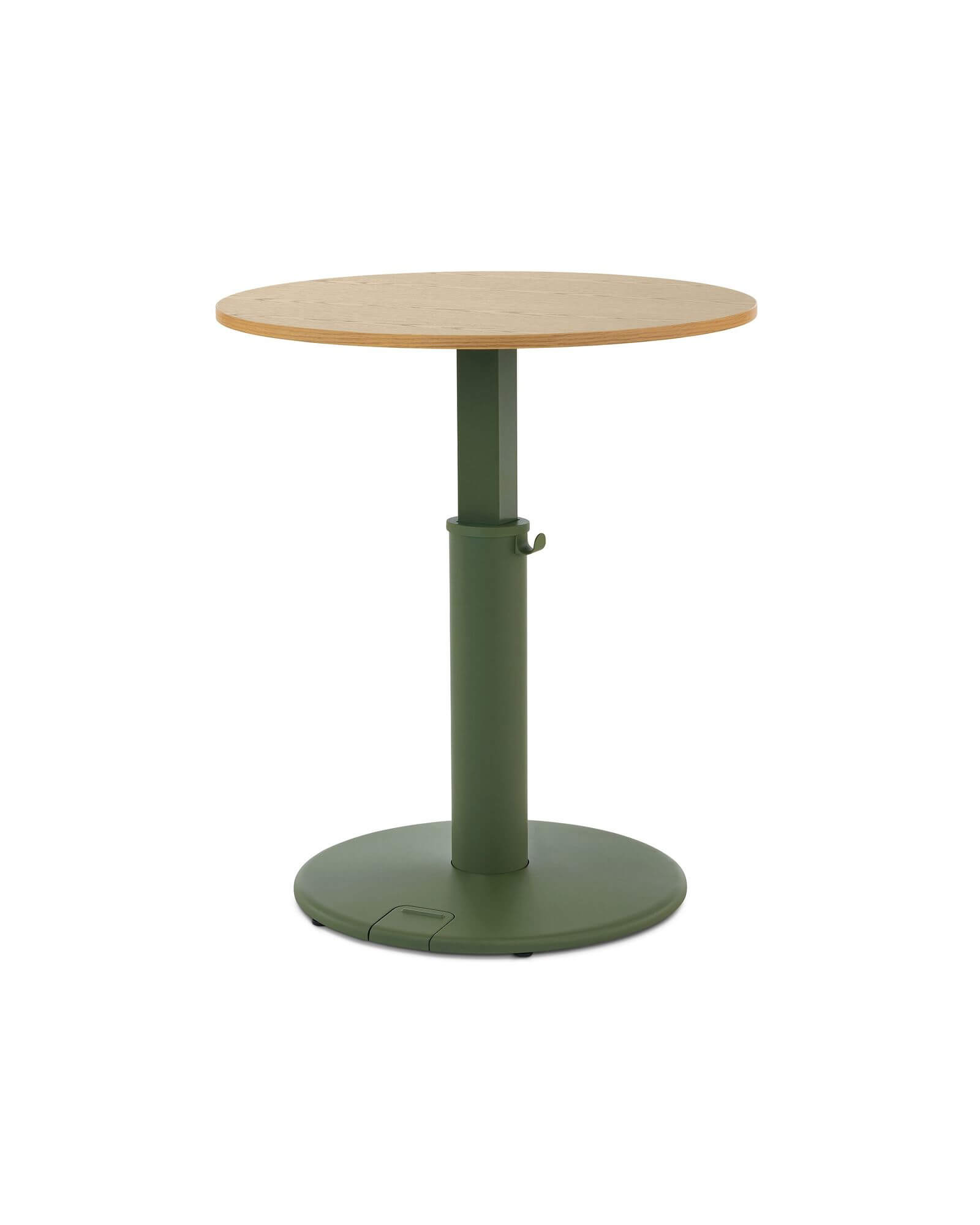 a wooden rounded top oe1 sit to stand table with light brown colour base in a white room