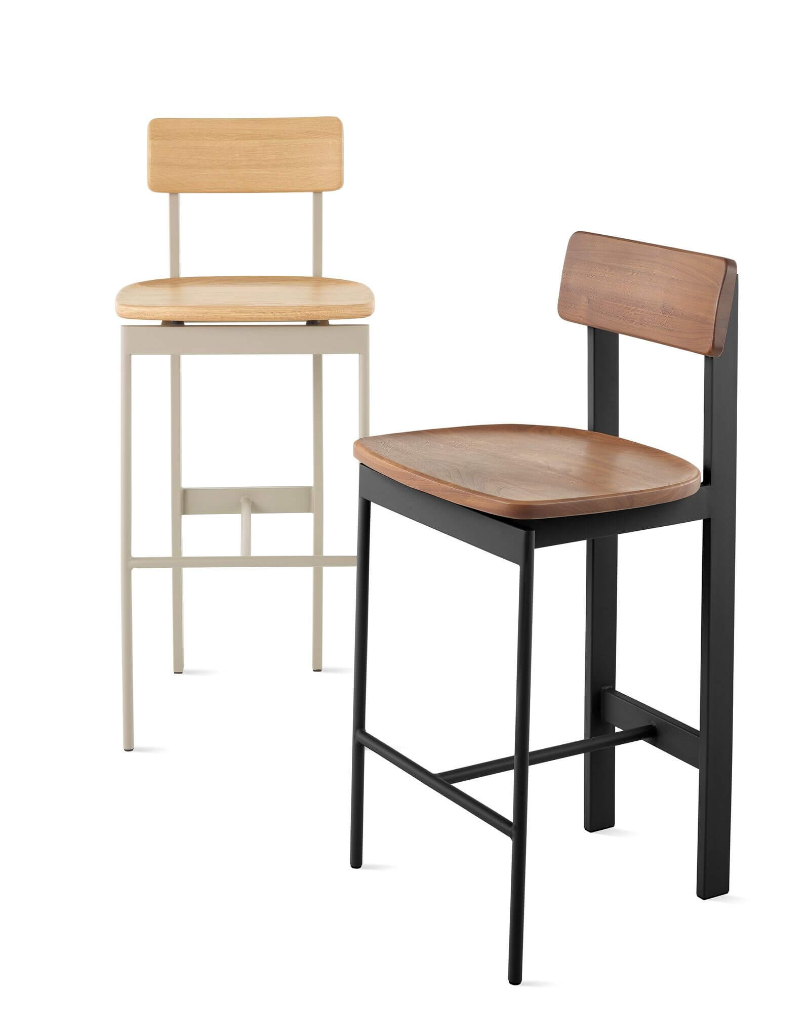 the front and side angle of two Betwixt Wooden Barstool in a white room