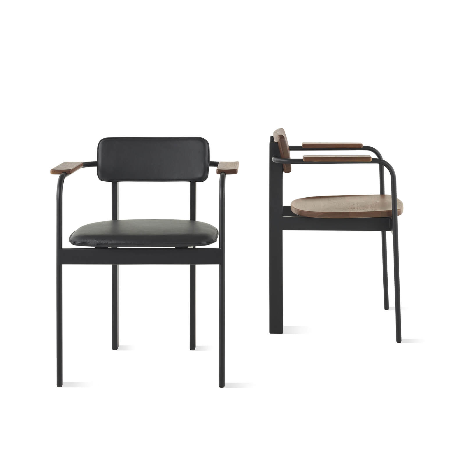 two oak timber Betwixt Wooden Chairs with a front and a side view in a white room