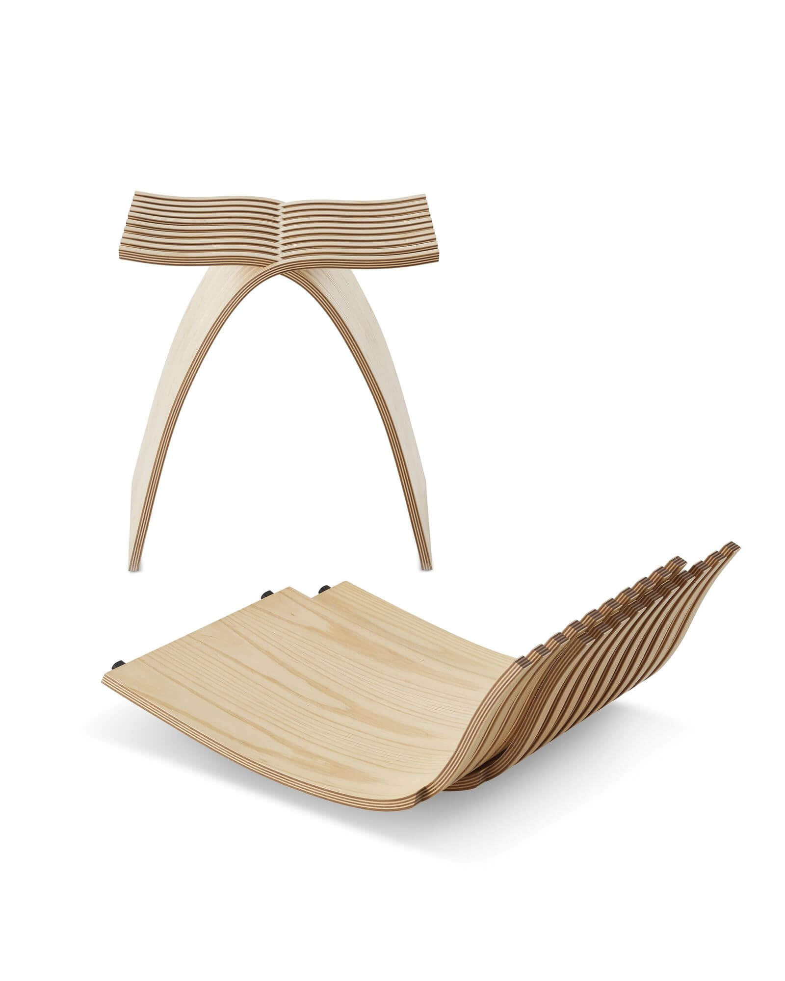 two Capelli Wooden Stools one assembled and another one dismanteled in a white room