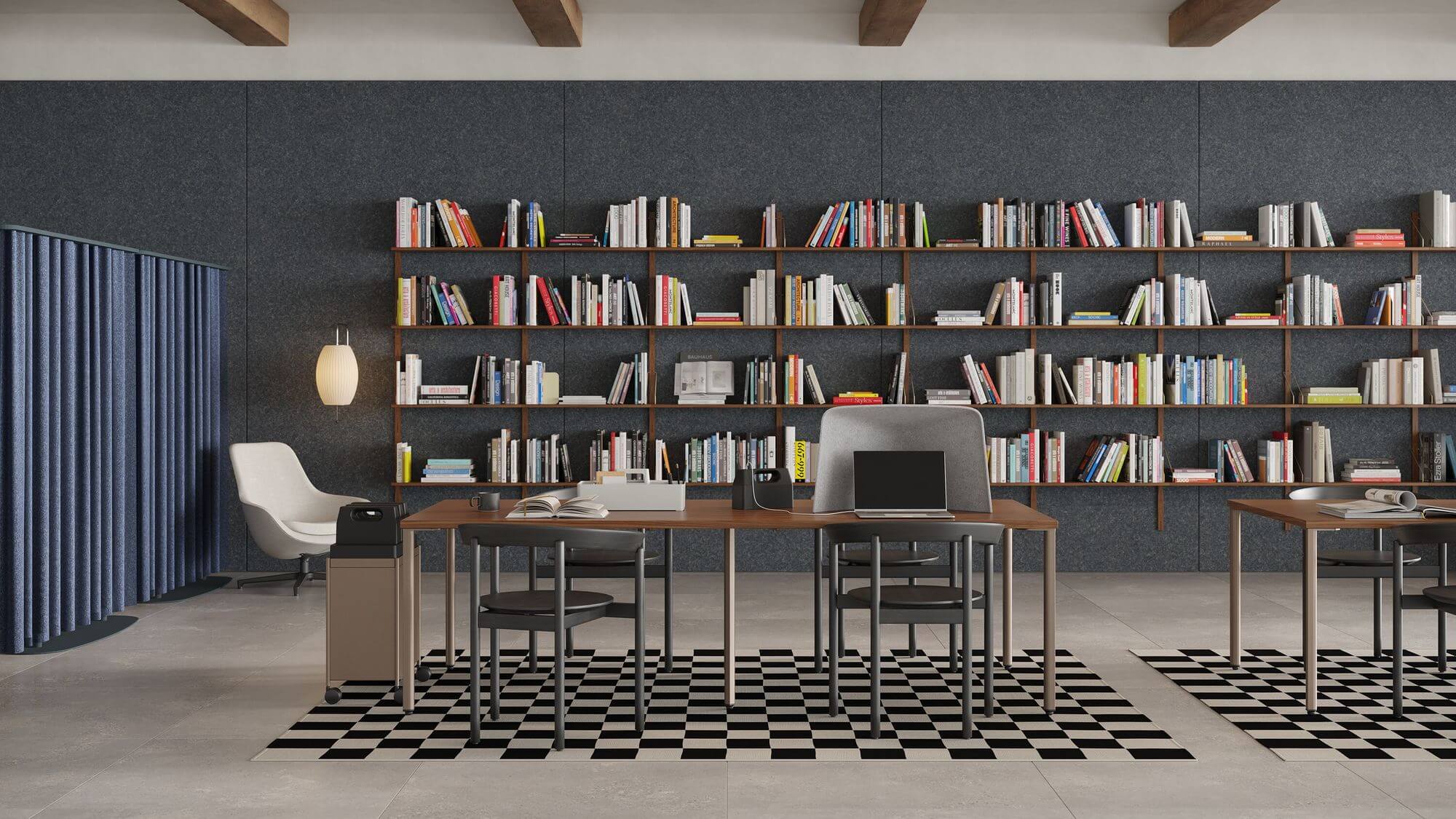 a modern libraty featuring two Comma Wooden Chairs in black colour