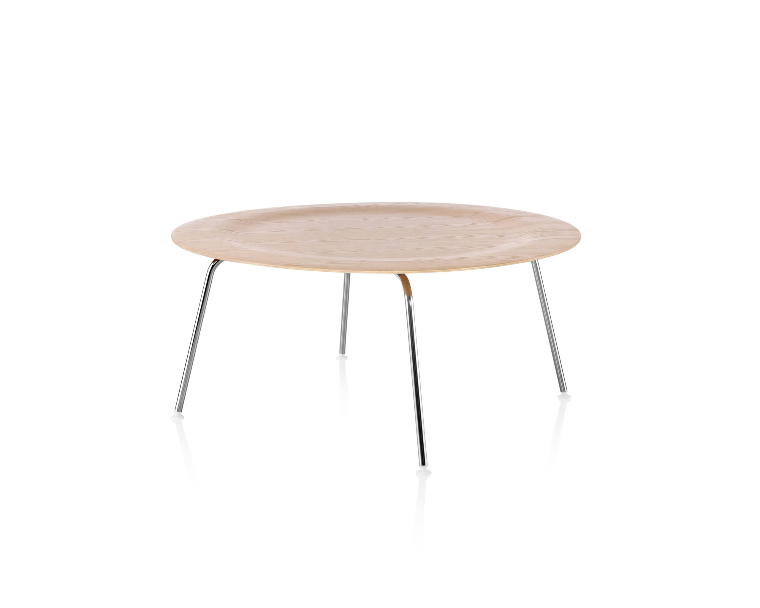 the side angle of a white timber Eames Plywood Coffee Table with polished aluminium legs in a white room