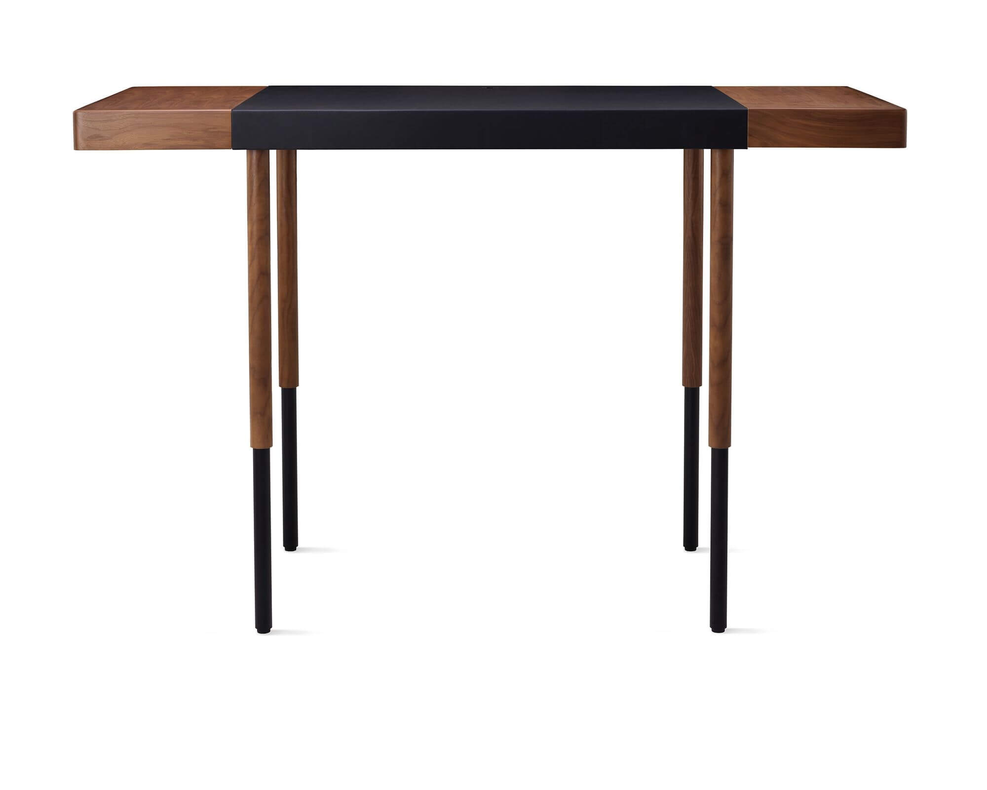 the front view of a raised Leatherwrap Sit-to-Stand Desk with oak colour in a white room