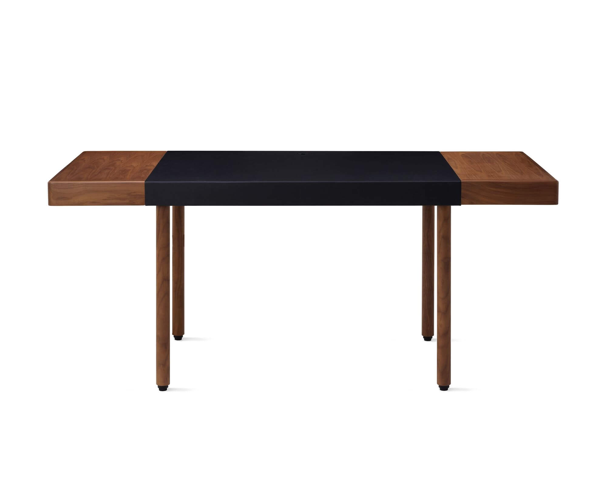 the front view of a Leatherwrap Sit-to-Stand Desk with oak colour in a white room