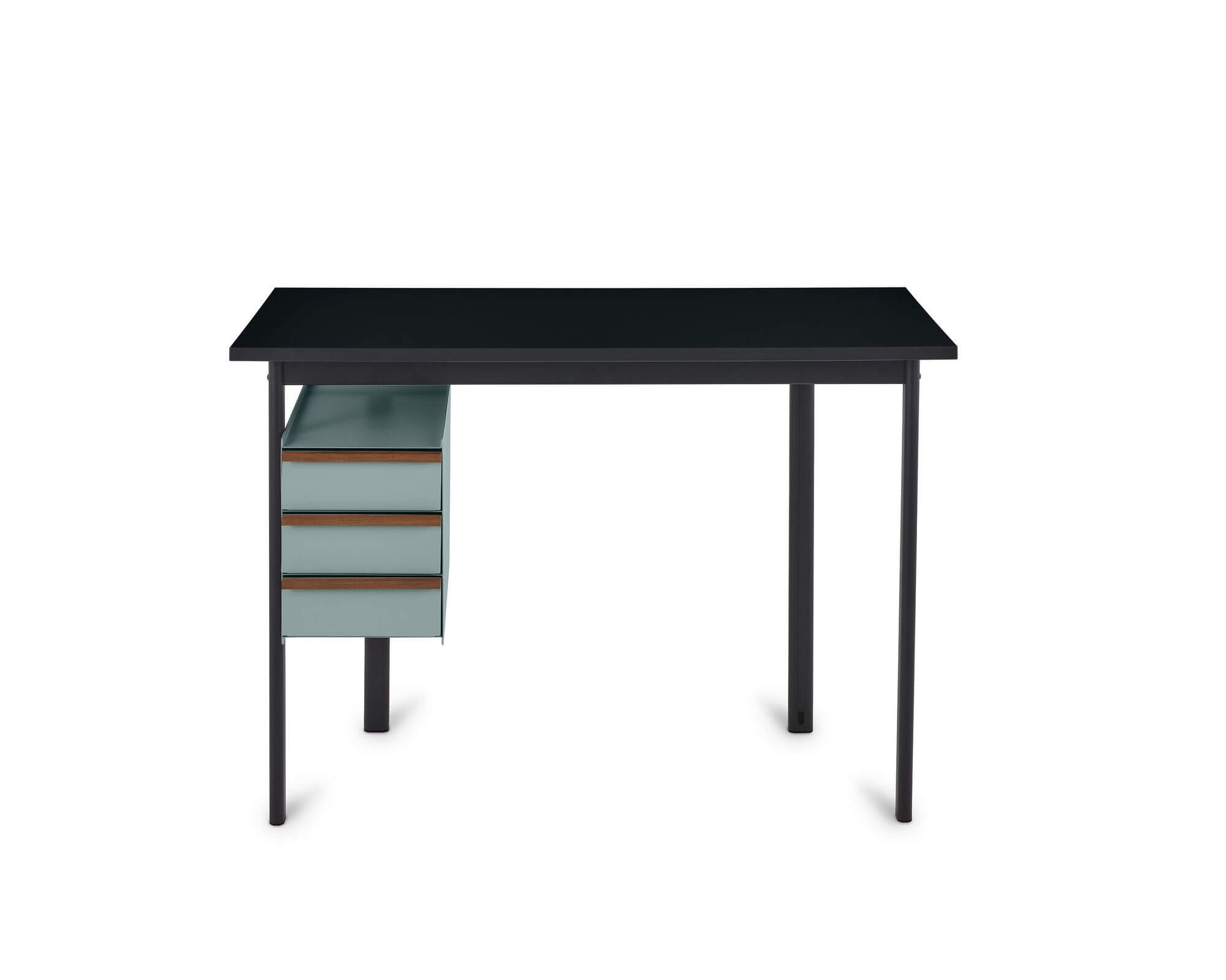 the front side of a Mode Wooden Top Desk with grey drawers in a white room