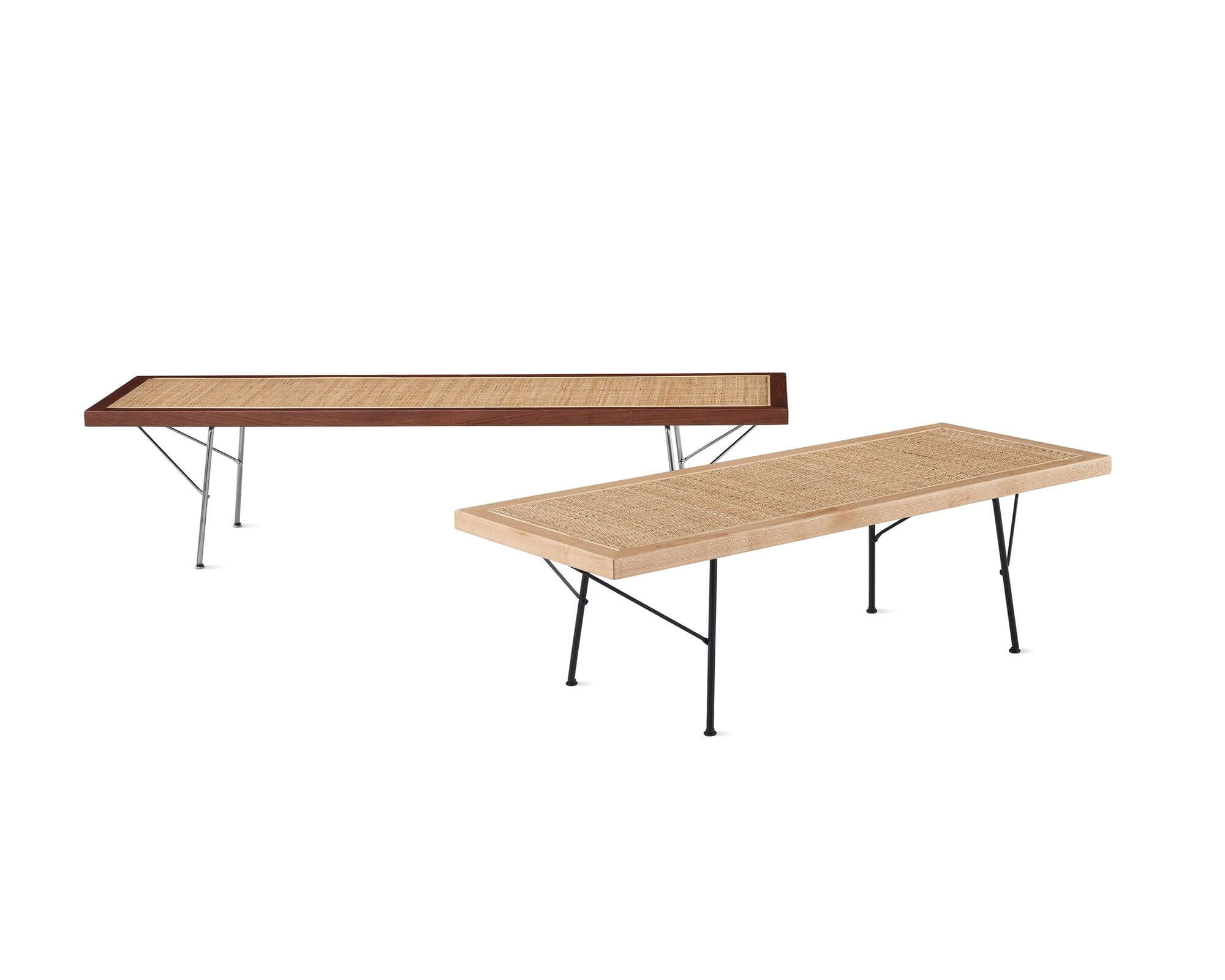 two Nelson Cane Wooden Benches in white and oak wood