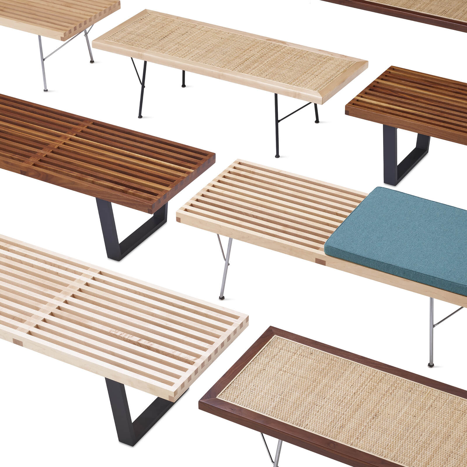 multi coloured Nelson Cane Wooden Benches with diferent finishings in a white room