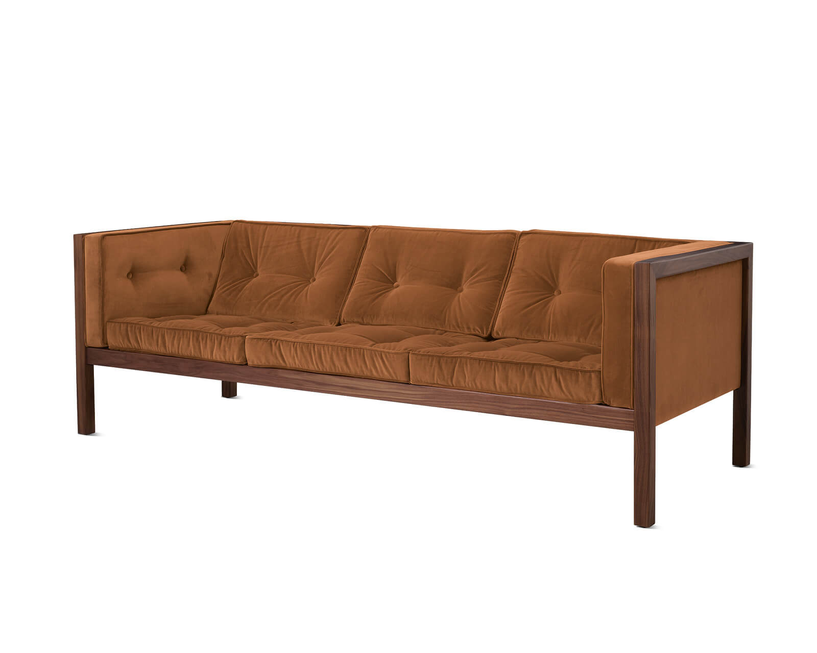 the left side angle of a Nelson Cube walnut Wooden Frame Sofa with grey upholstery in a white room