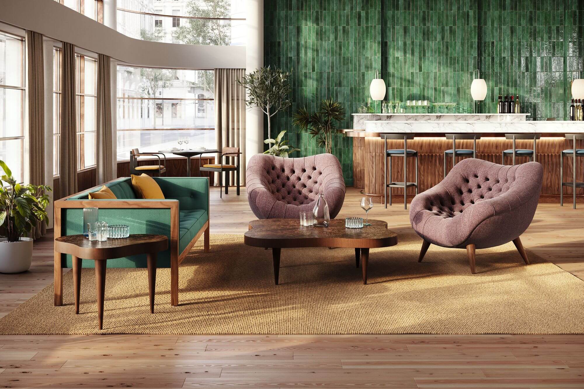 an elegant lounge in a commercial space featuring a Nelson Cube Wooden Frame Sofa and two chairs with a marble top bar in the background