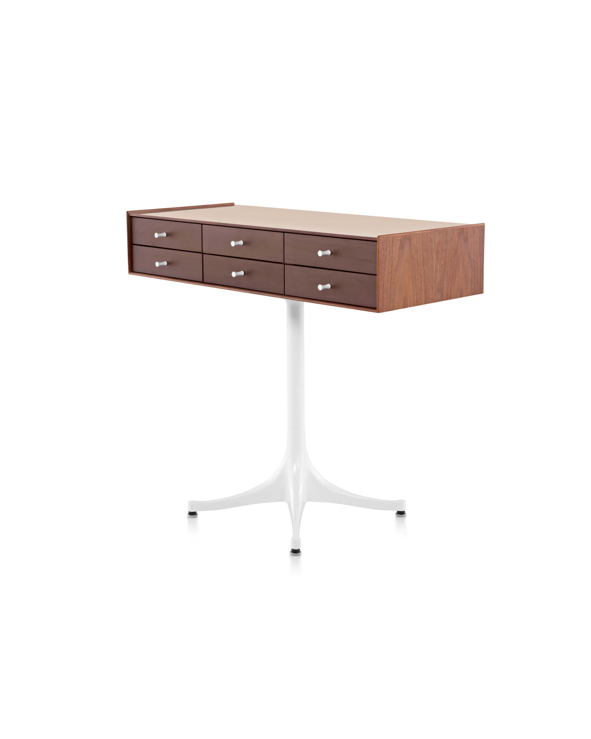 right side angle of a wooden Nelson Miniature Chests Storage with white base in a white room