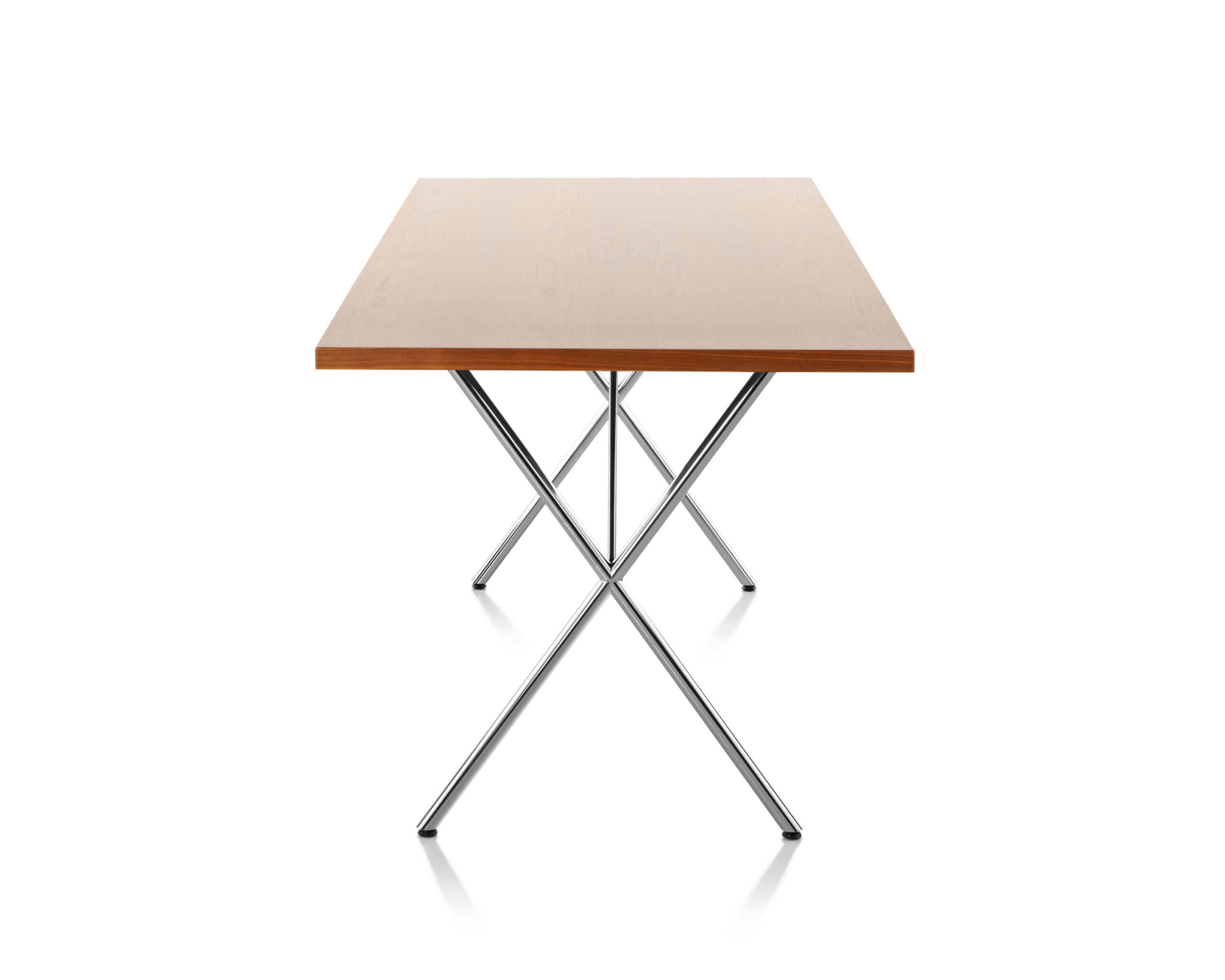 the left side angle of a Nelson X Leg Wooden Table with wooden top and polished aluminium base in a white room