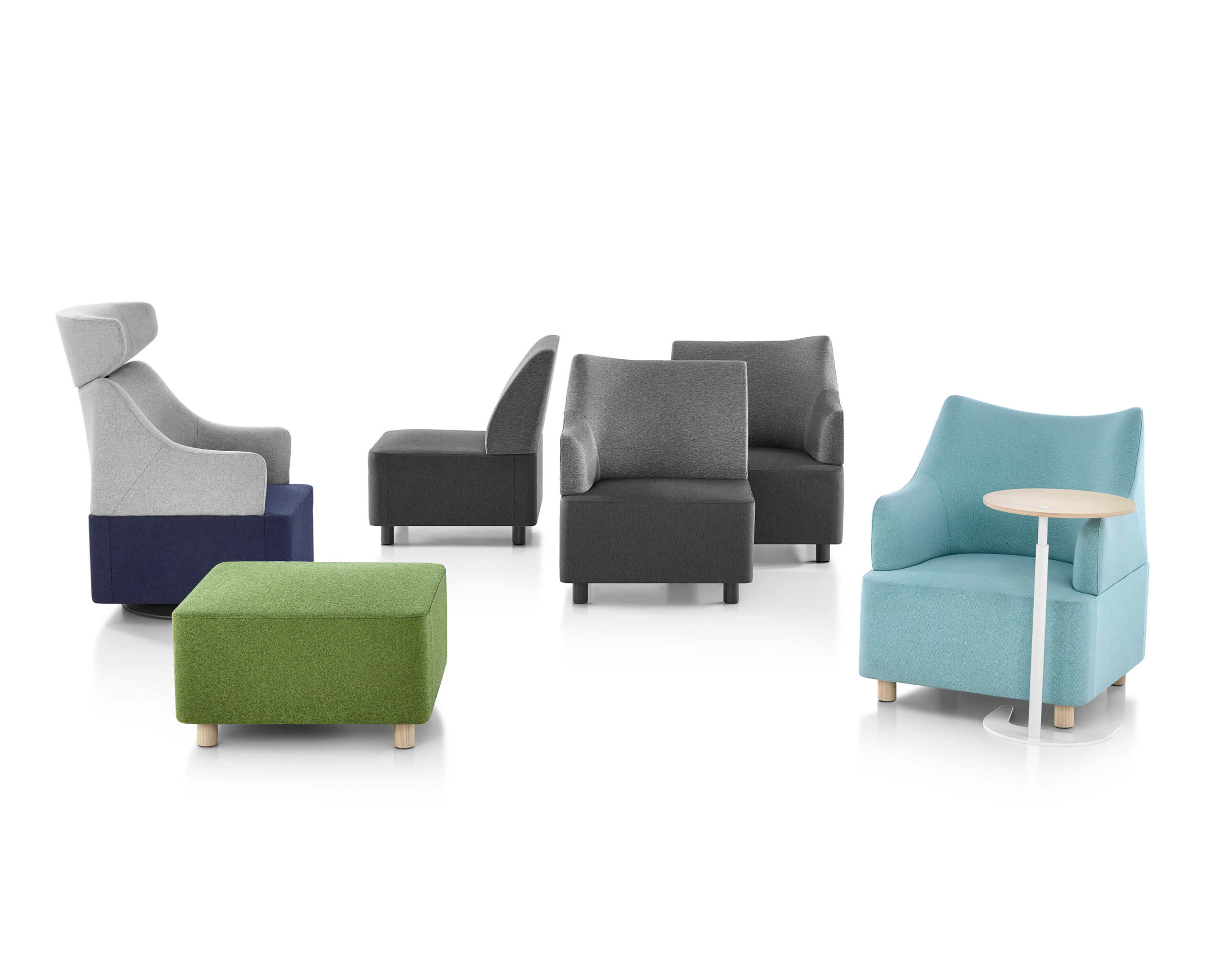 various models of a Plex Modular Lounge Seating in various colours in a white room