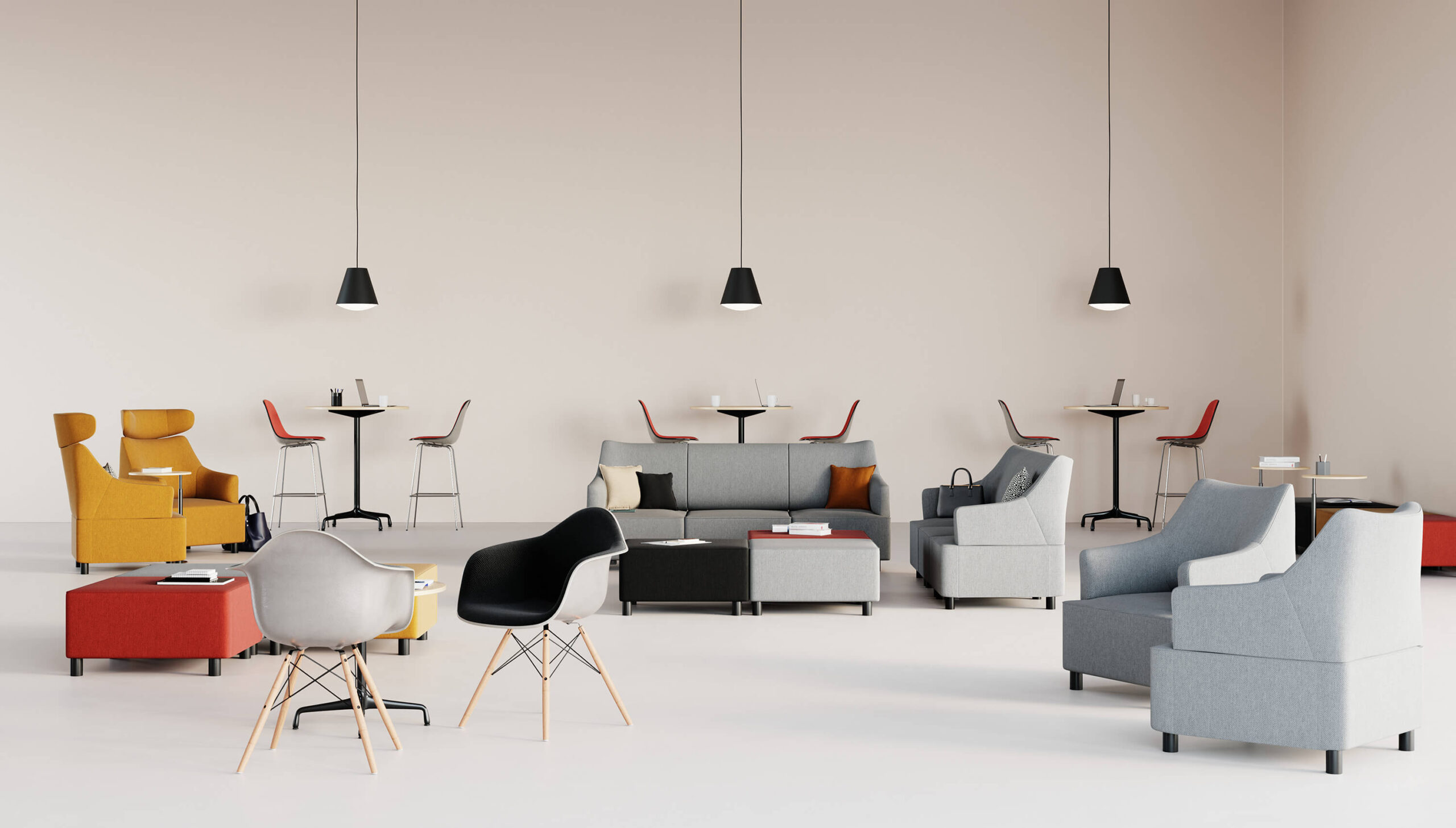 a minimalistic shared space featuring agile furniture and Plex Modular Lounge Seating 