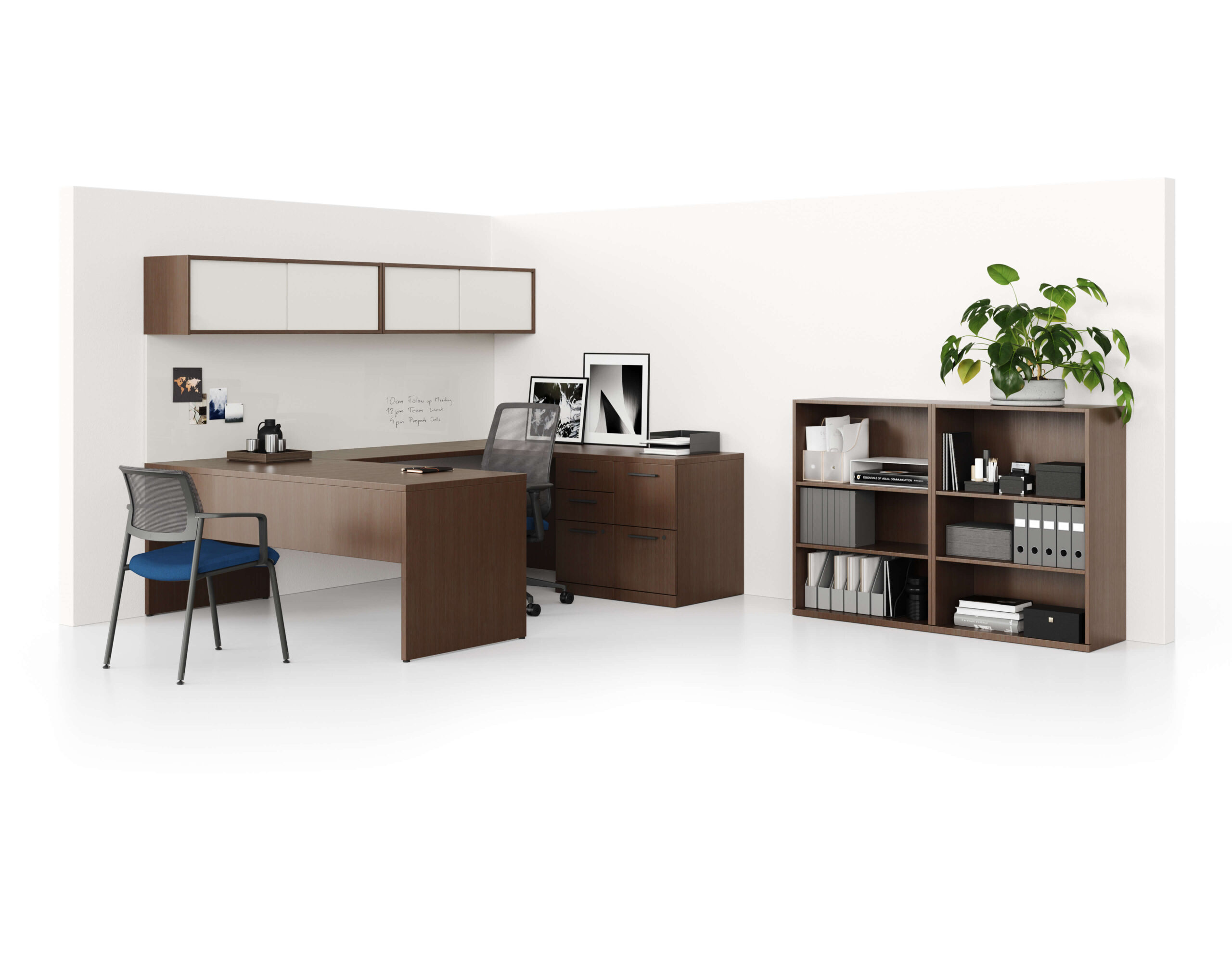 the back side of a black Verus Side Armchair in a moder office with wooden furniture