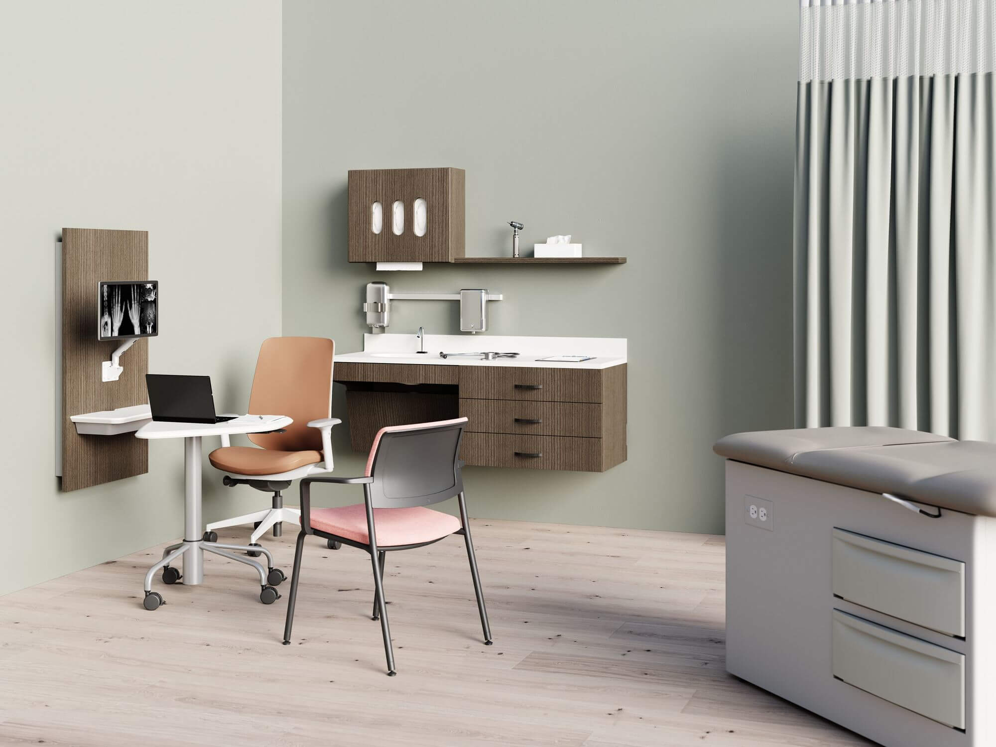 a Verus Side Armchair in the center of a medical practice featuring an xray monitor and a sink in the back ground attached to wooden furniture