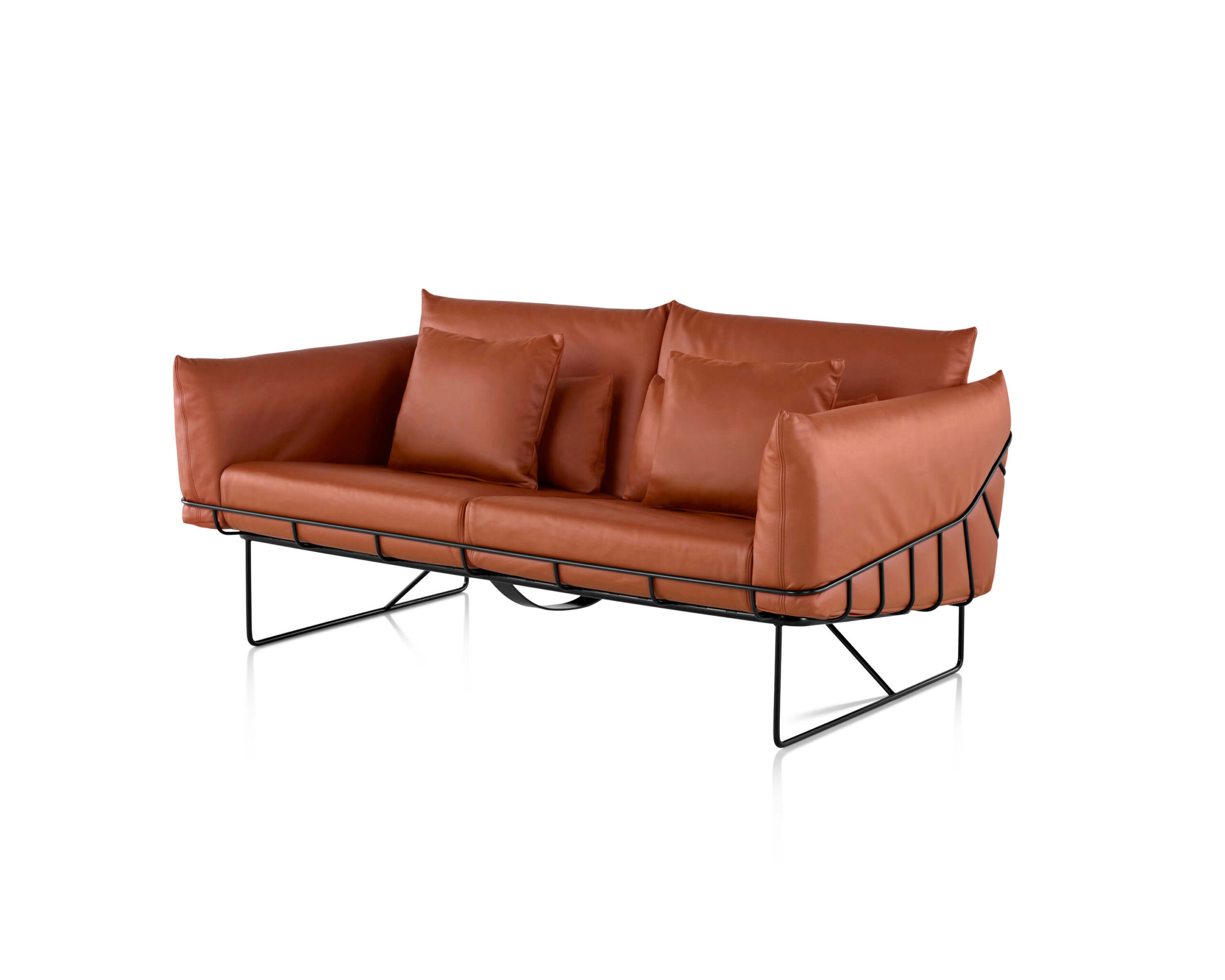 the right side view of a brown leather Wireframe Sofa Group with a black metallic frame in a white room