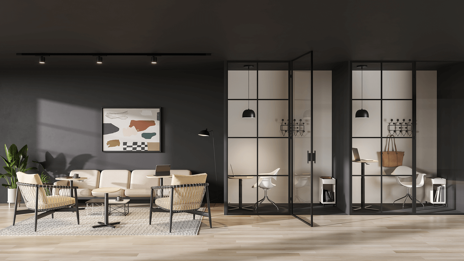 a modern office space featuring mid-century modern furniture and two geiger cross hatch lounge chairs with black wooden frame and cream seats