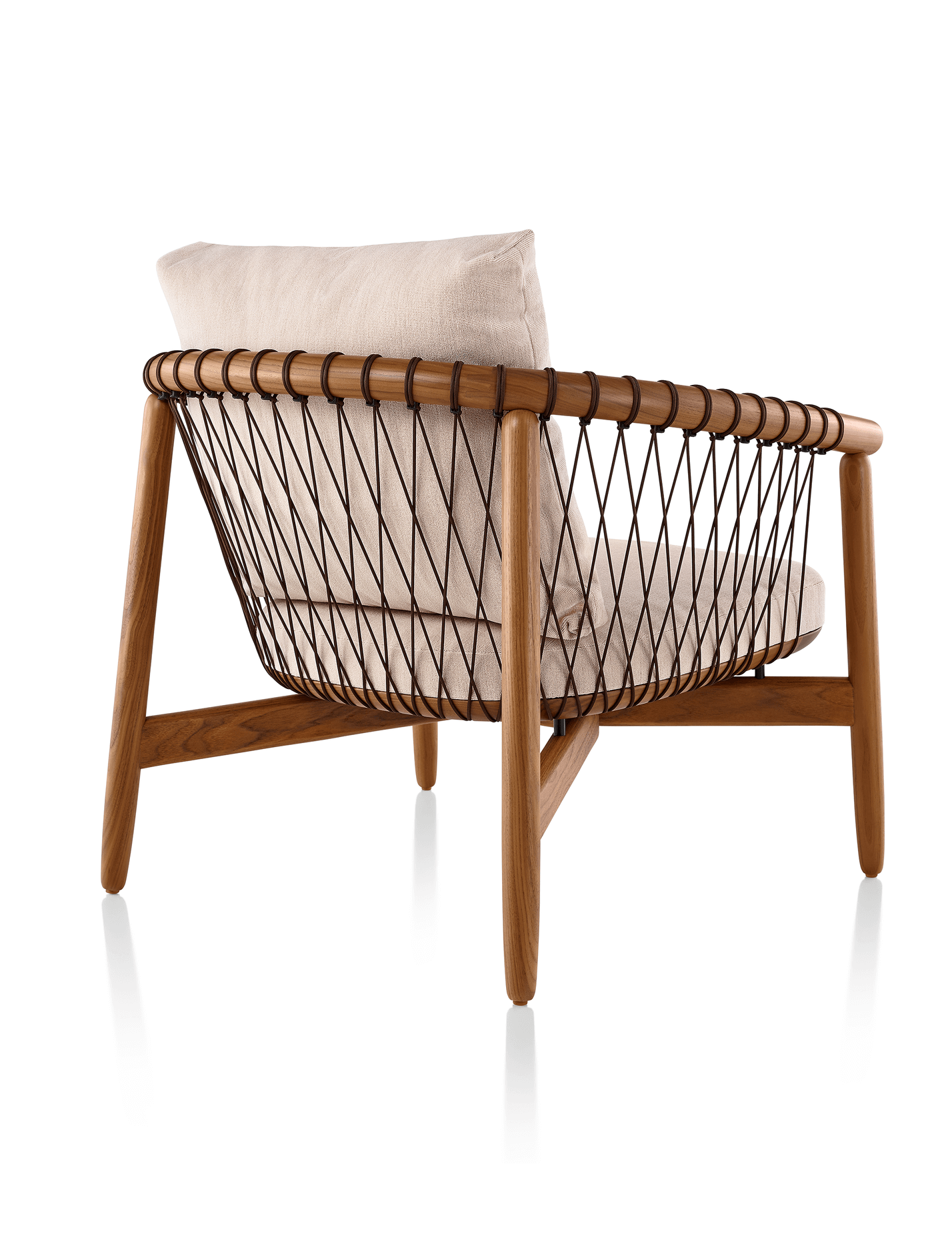 the back side angle of a gray colour geiger cross lounge hatch chair oak wooden frame in a white room