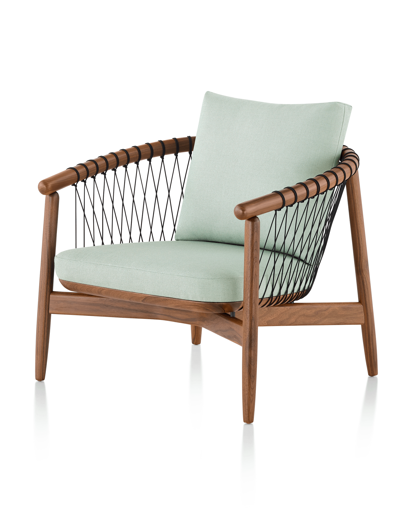 the front side angle of a gray colour geiger cross hatch lounge chair oak wooden frame in a white room