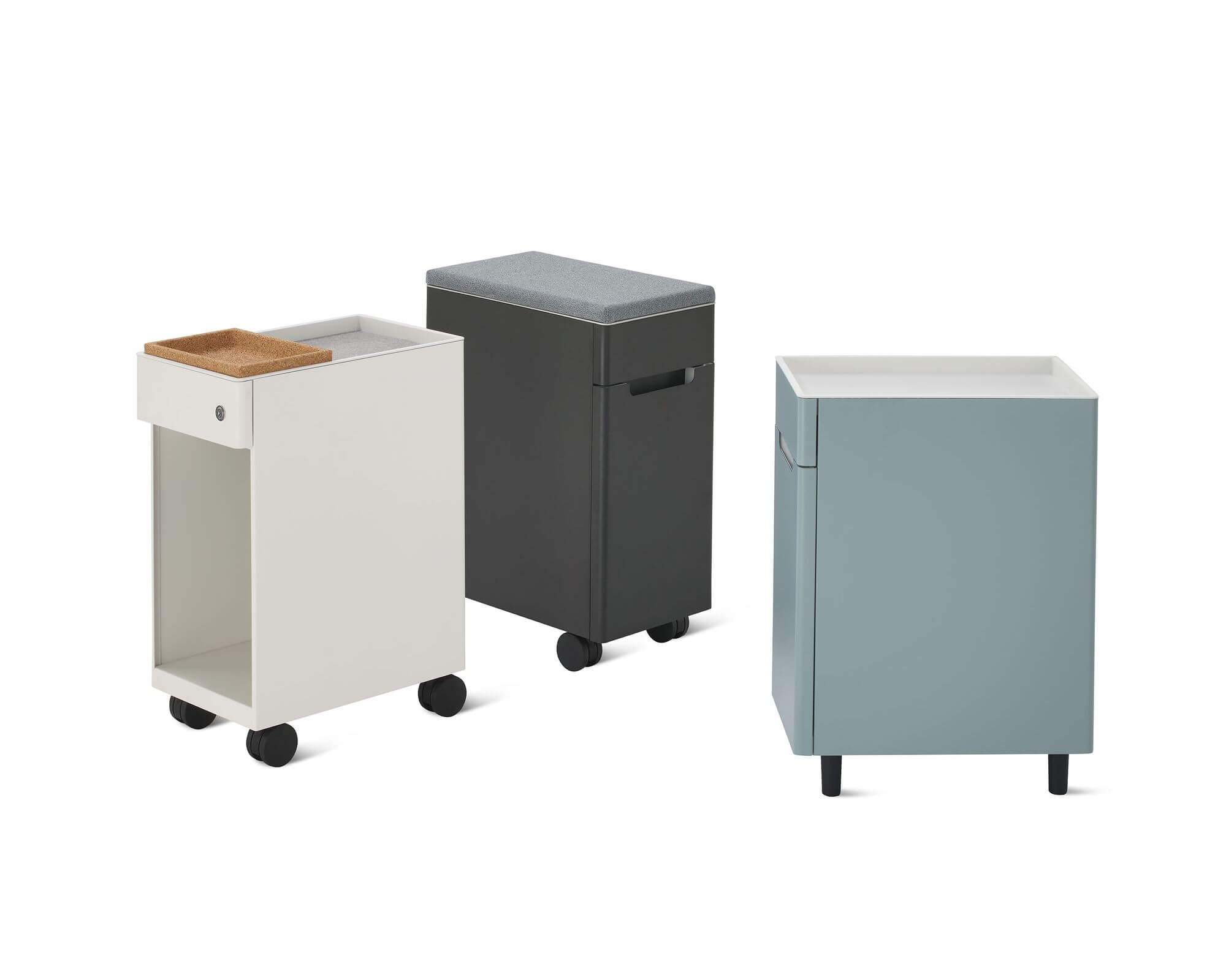 a set of three multi coloured Ambit Desk Pedestals in white dark grey and teal colours