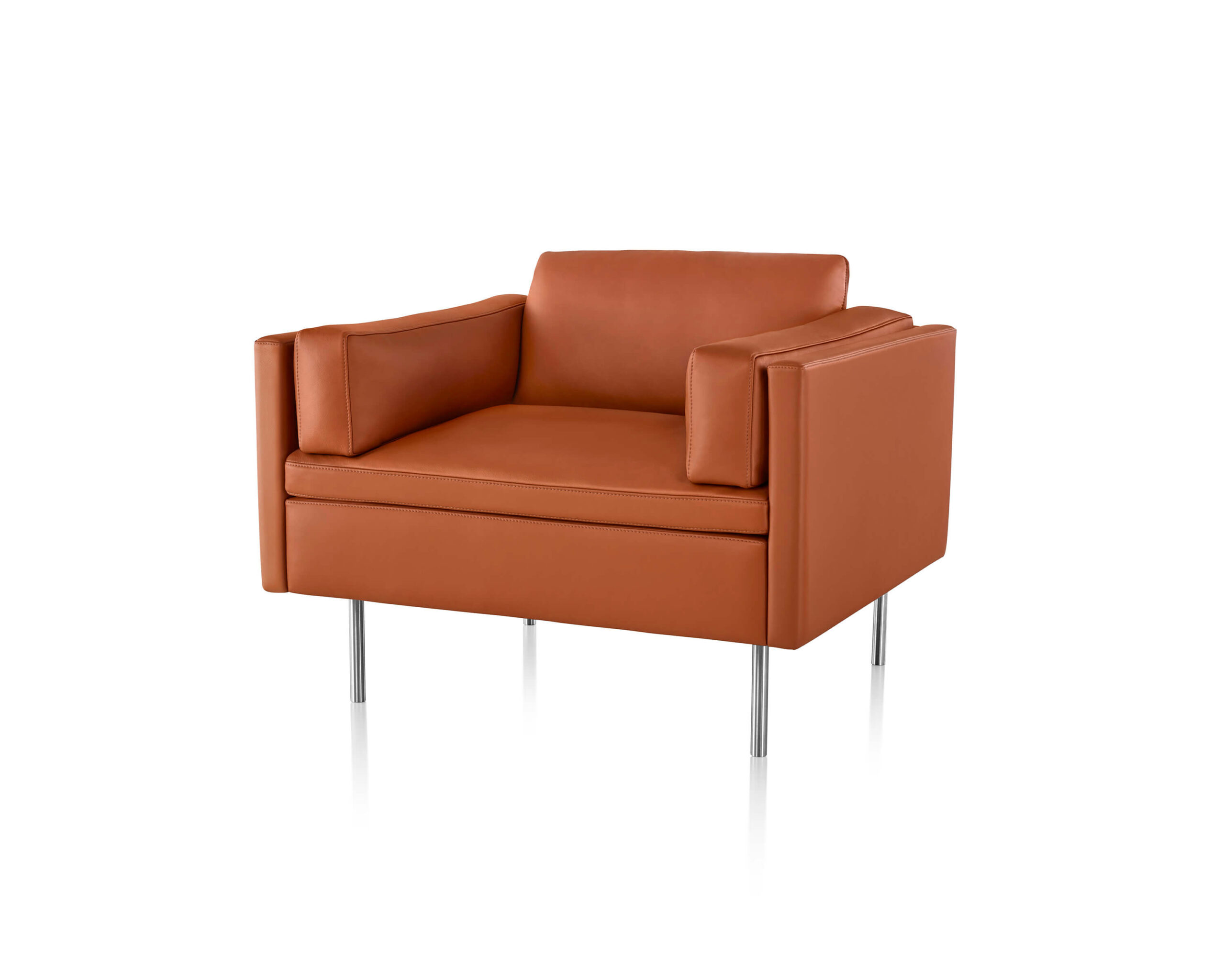 the front side angle of a single seat with leather upholstery Bolster Sofa Group in a white room