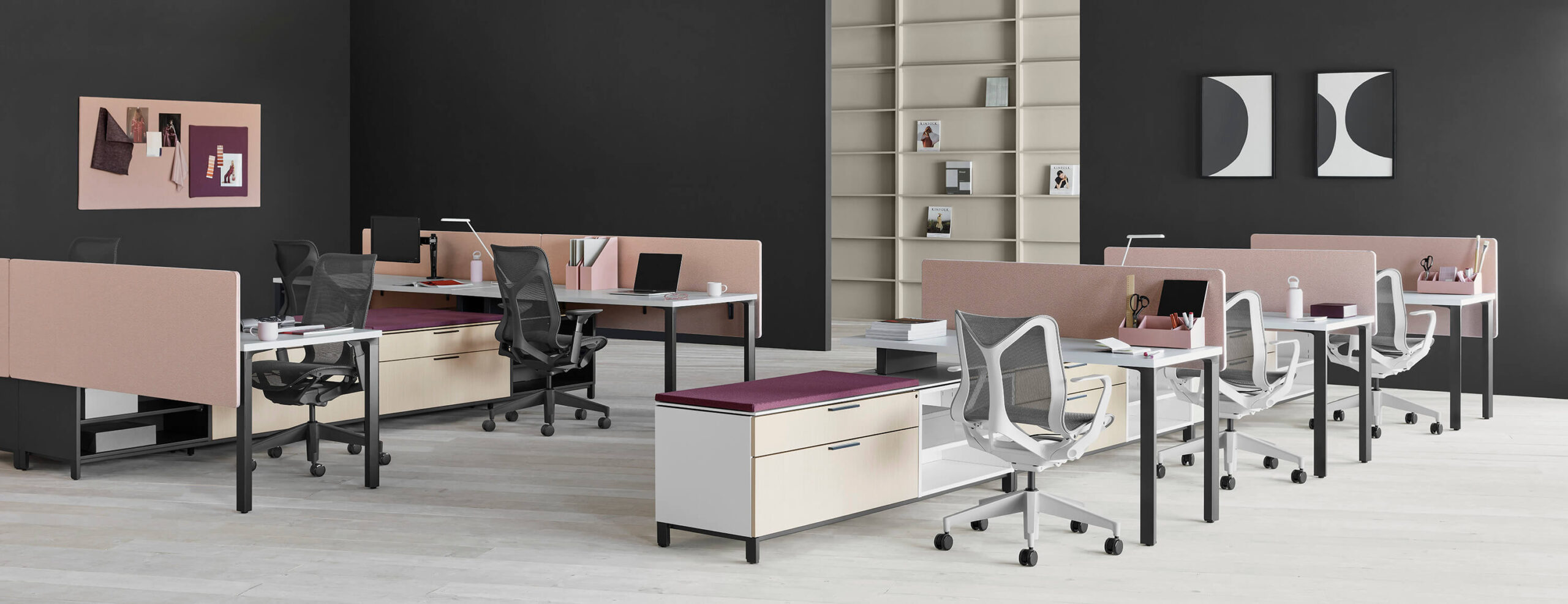 a modern workspace two sets of Canvas Workspace Storage systems next to five workstations with white office chairs