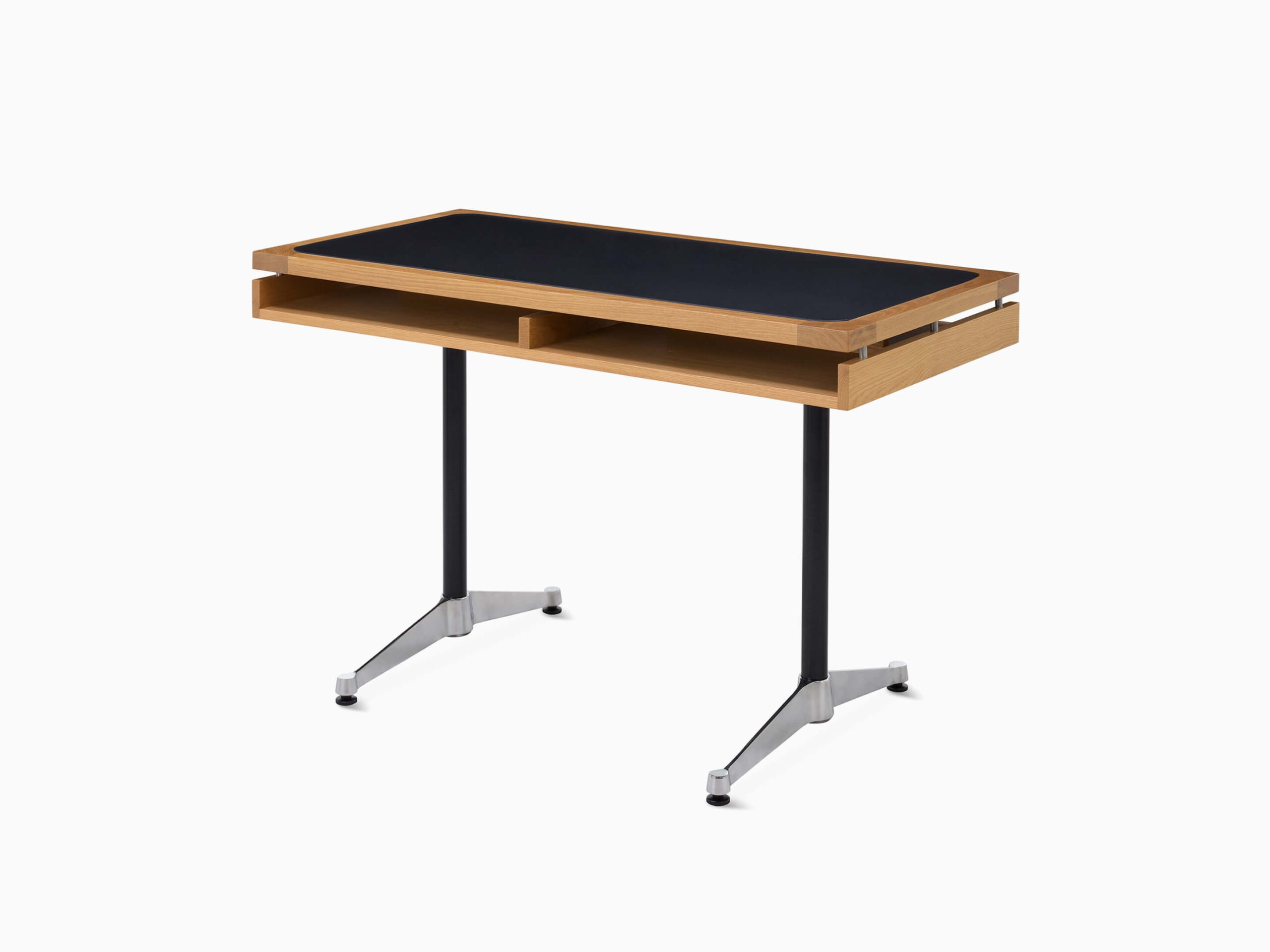 the front side angle of an Eames 2500 Series Executive Wooden Desk with black legs in a white room