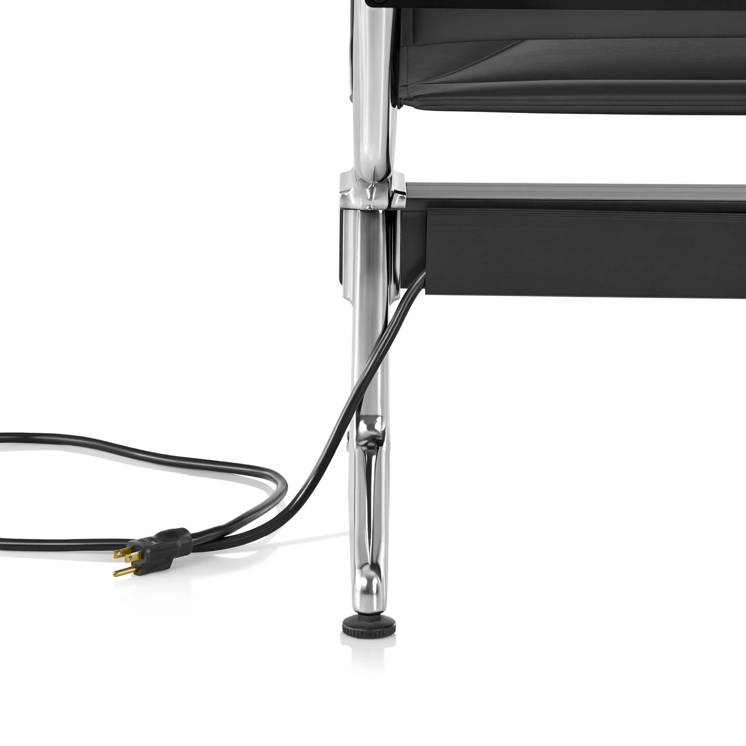 the left side taiail of a Eames Tandem Sling Lobby Seating with a cable power connection in a white room