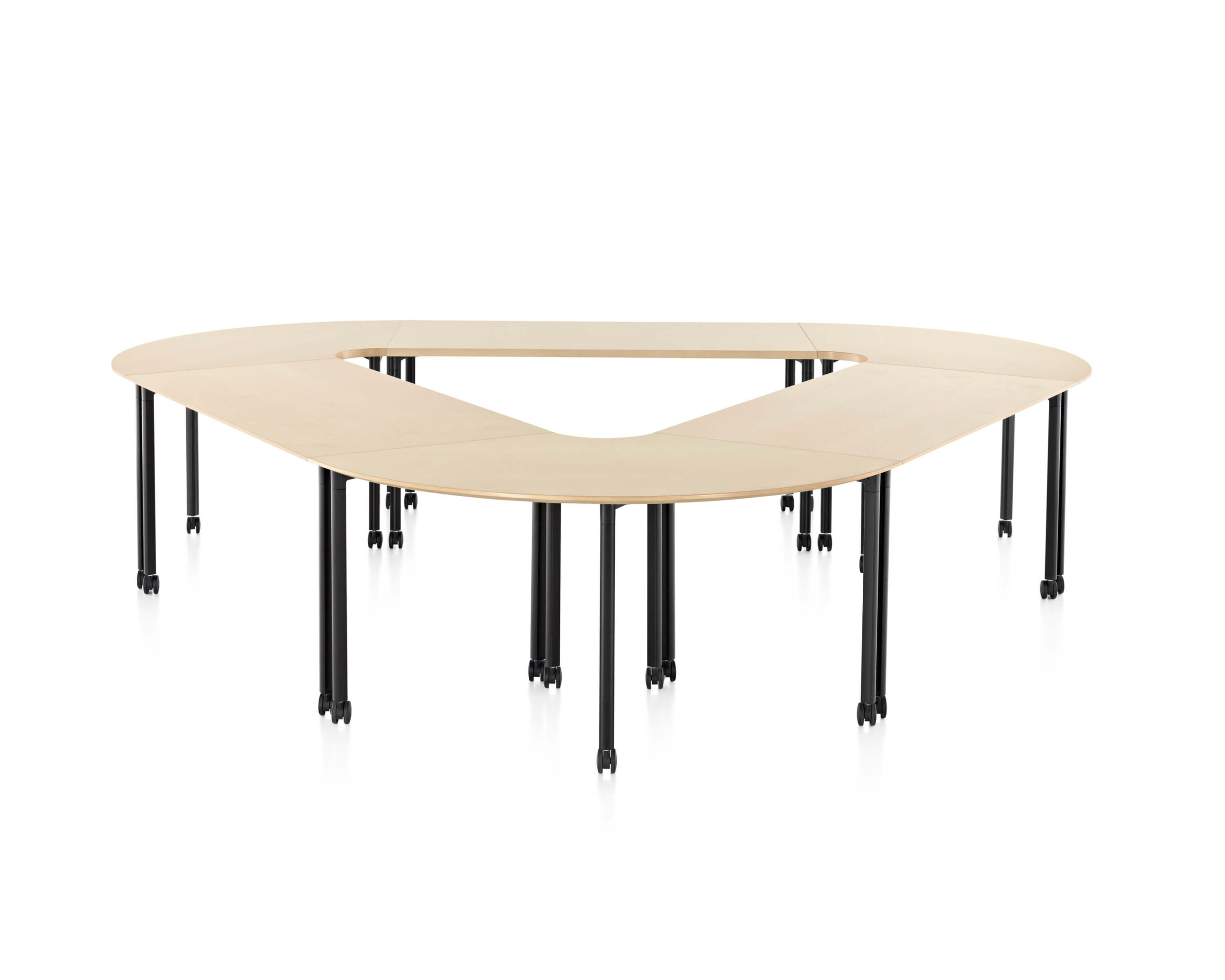 a wooden top triangle shaped training Everywhere Multi-Purpose Table in a white room