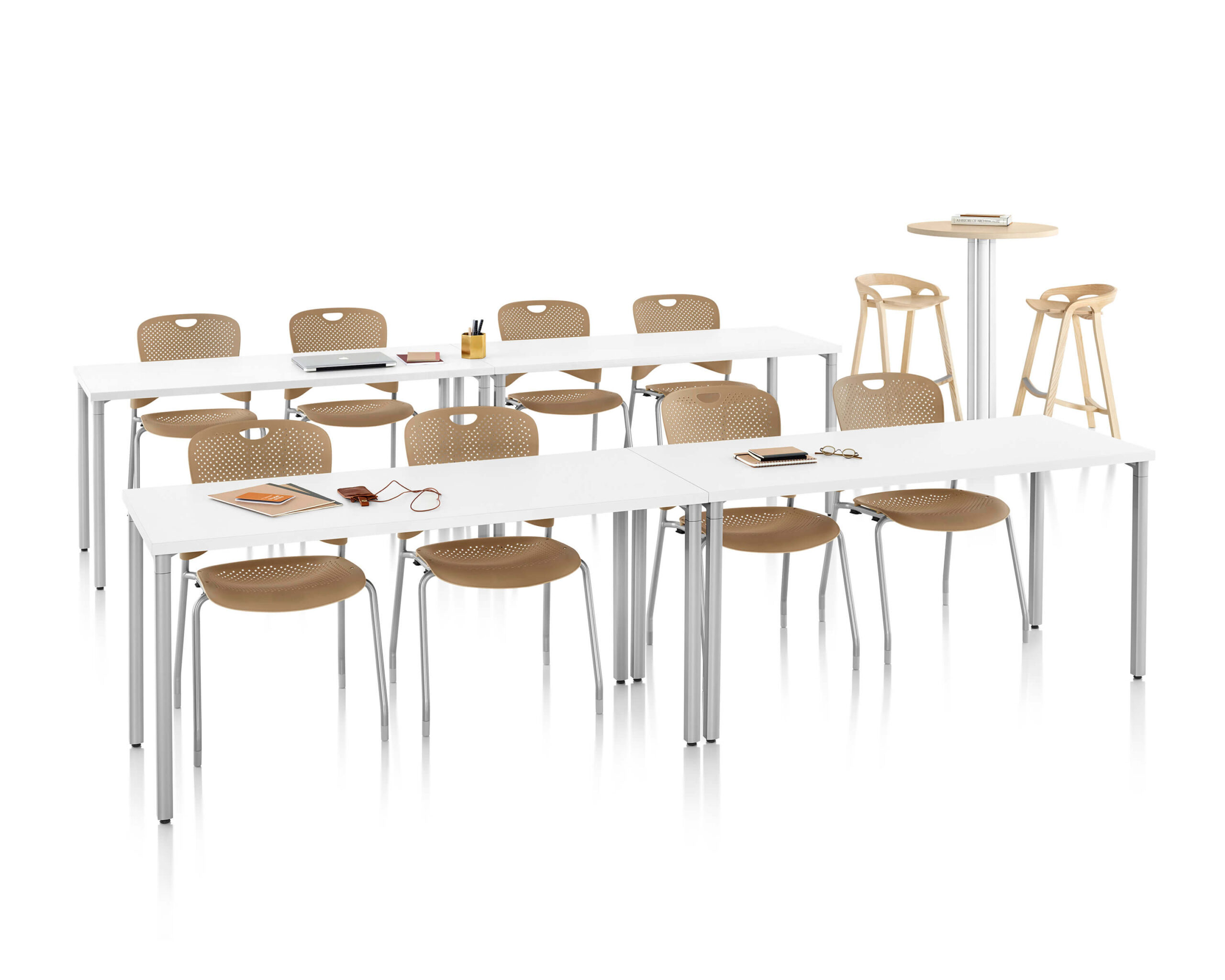 a modern white classroom featuring student chairs and Everywhere Multi-Purpose Tables