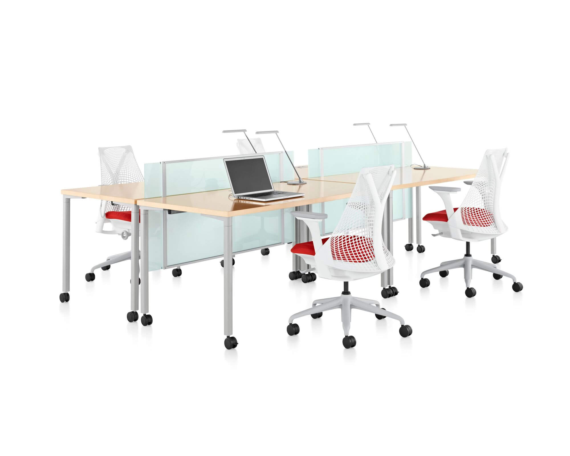 a modern white office featuring work chairs and Everywhere Multi-Purpose Tables