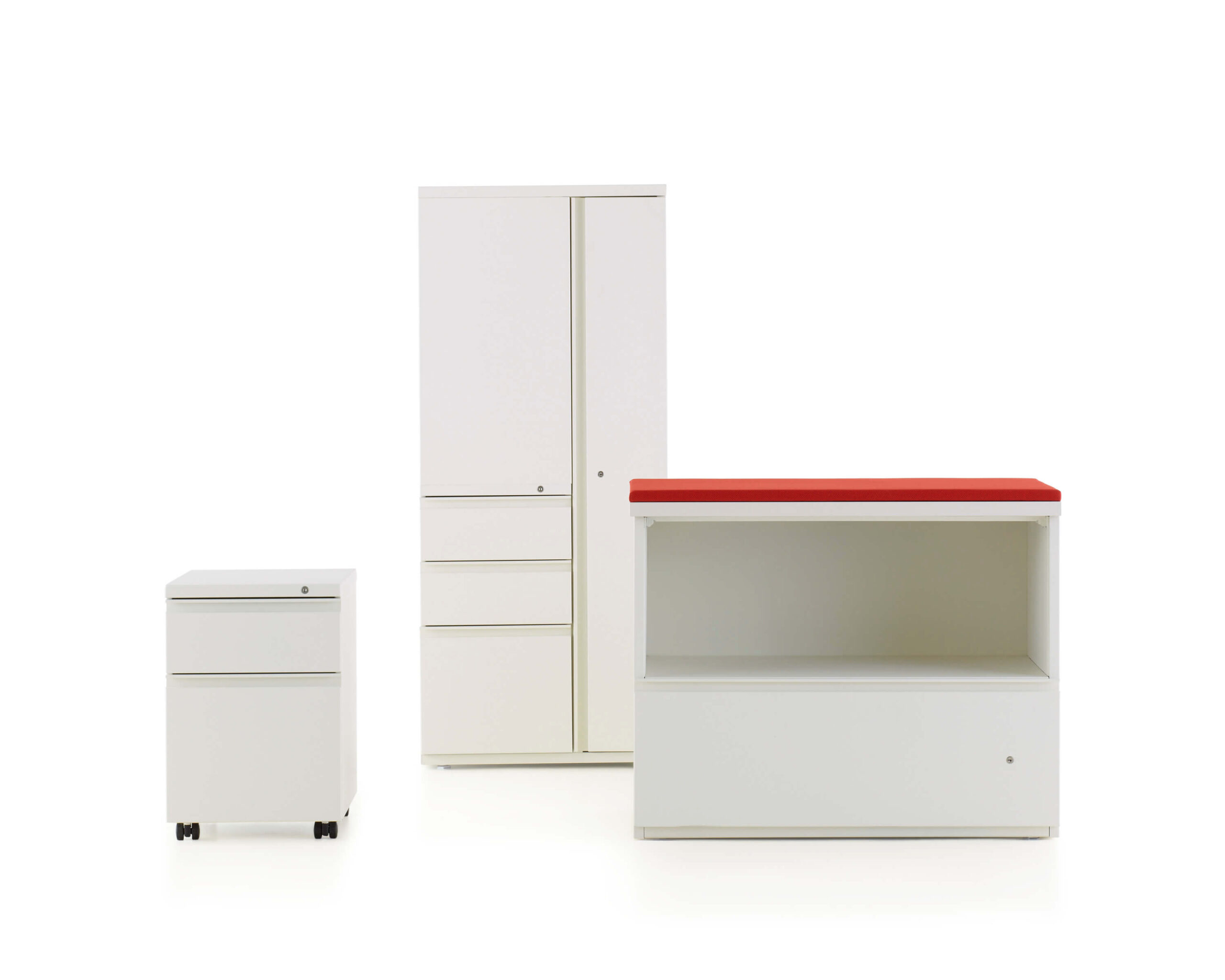 three models of a white Tu Metal Storage Cabinets & Lockers in a white room