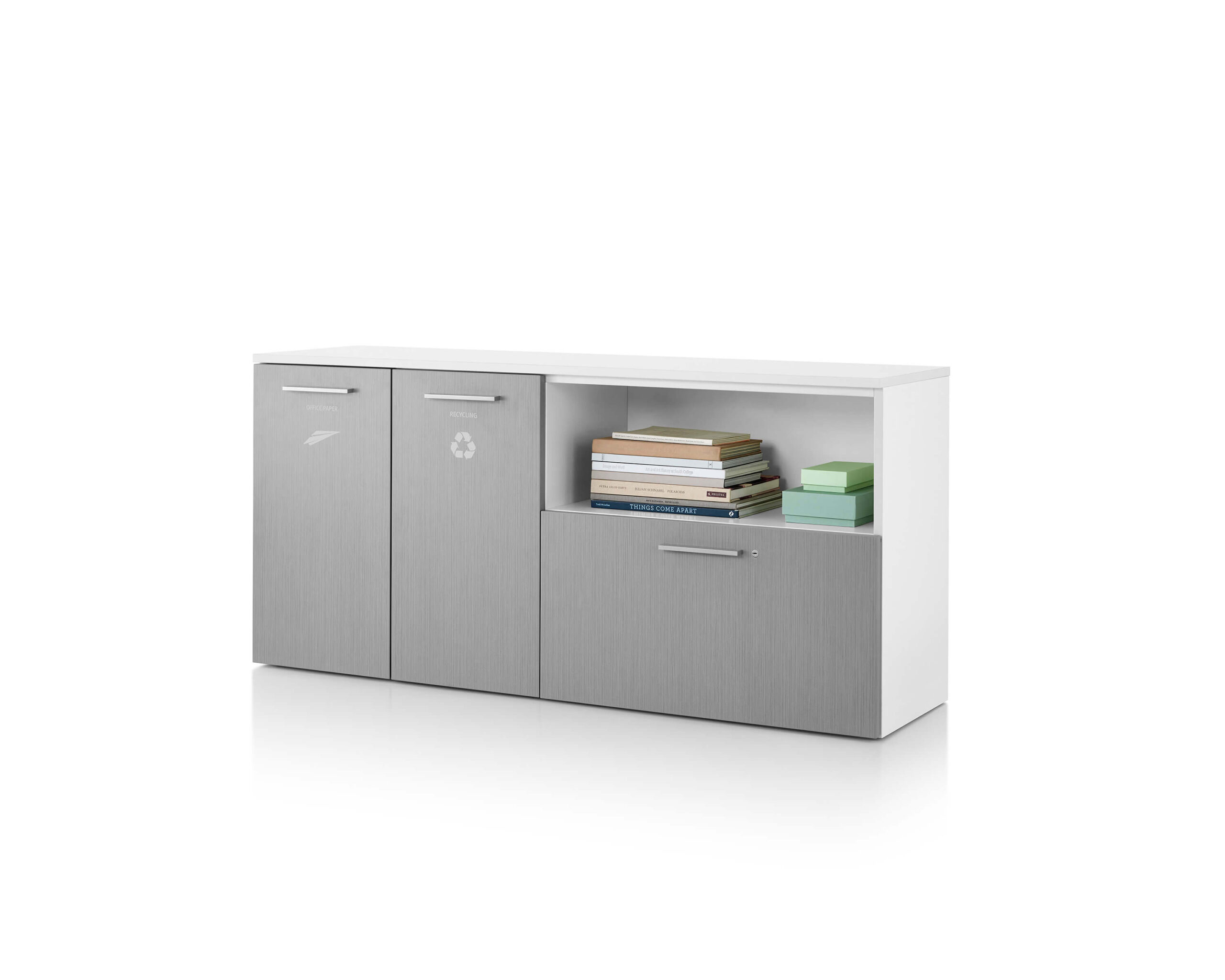 the right side angle of an open Tu Wooden Storage Cabinets & Lockers in gray colour with an inbuilt bin in a white room