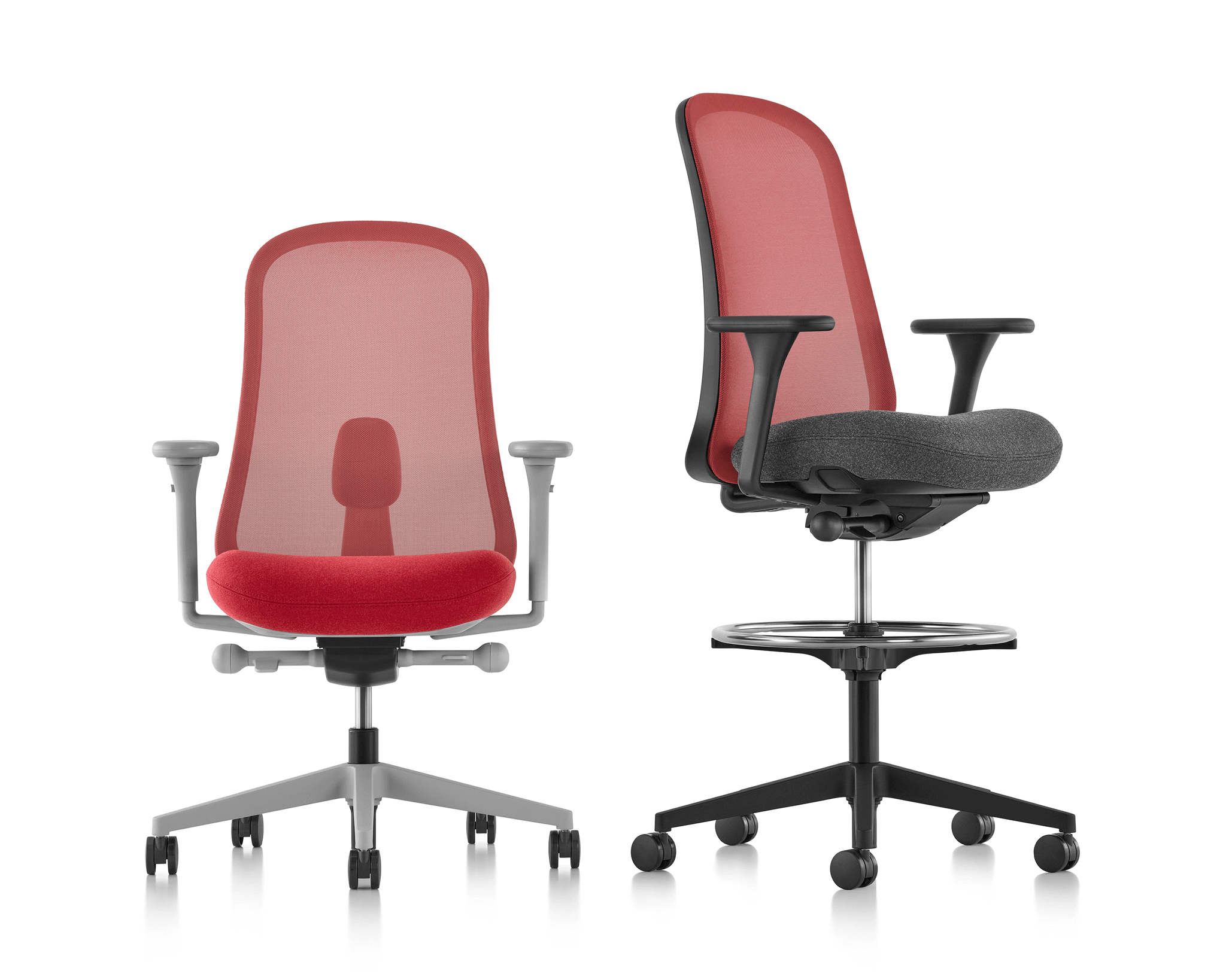 a lino office chair and a lino ergonomic stool in red colour in a white room