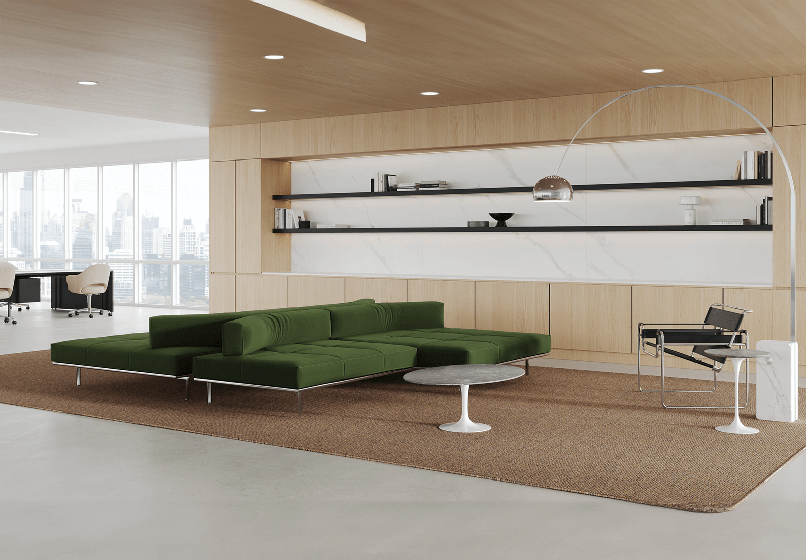 a modern shared public space in sydney featuring two brown L shapped matic sofa by knoll
