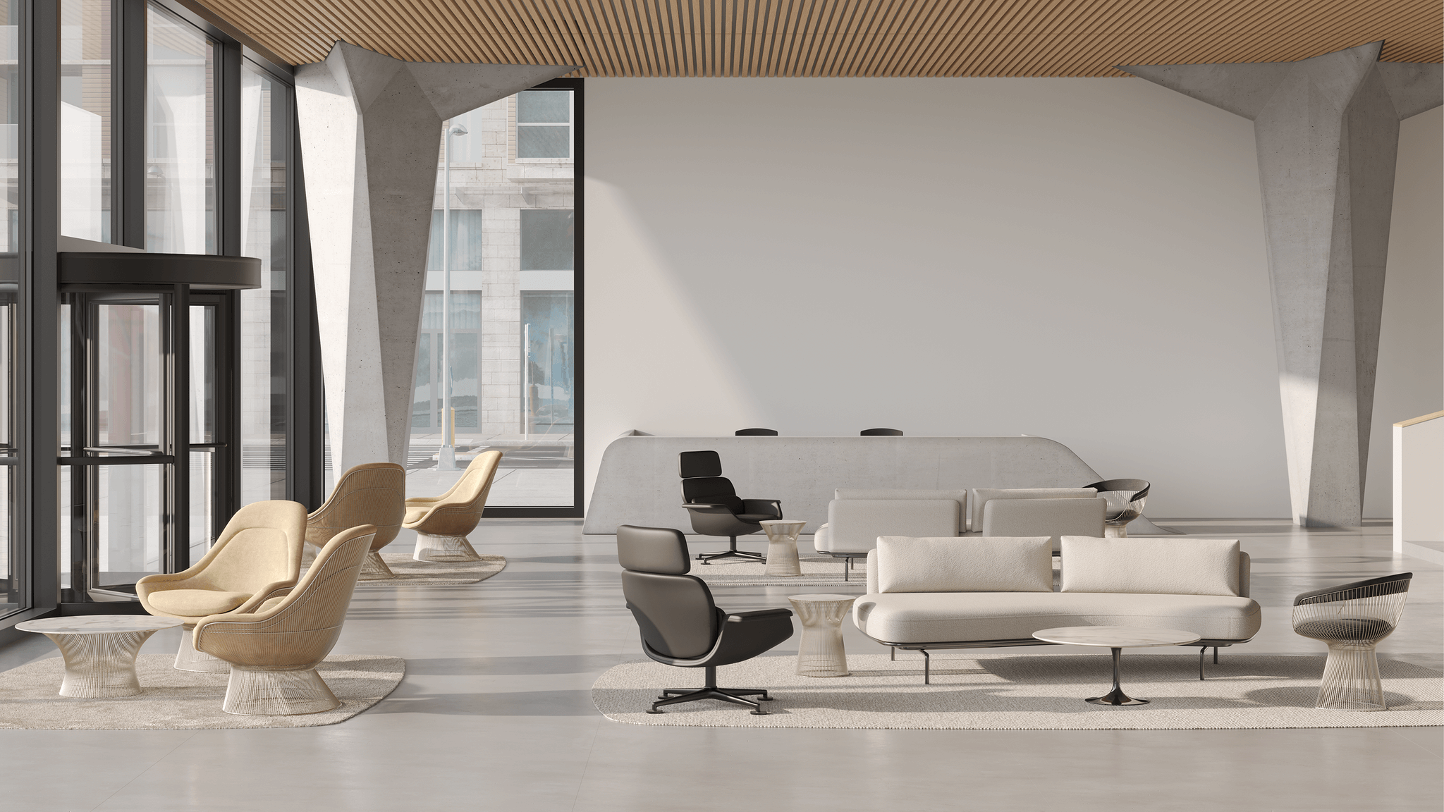 a modern lobby area featuring designer furniture with lounge chairs and two panoramic lounge sofa in cream colour with a reception counter in the background and a big panoramic window in the left side