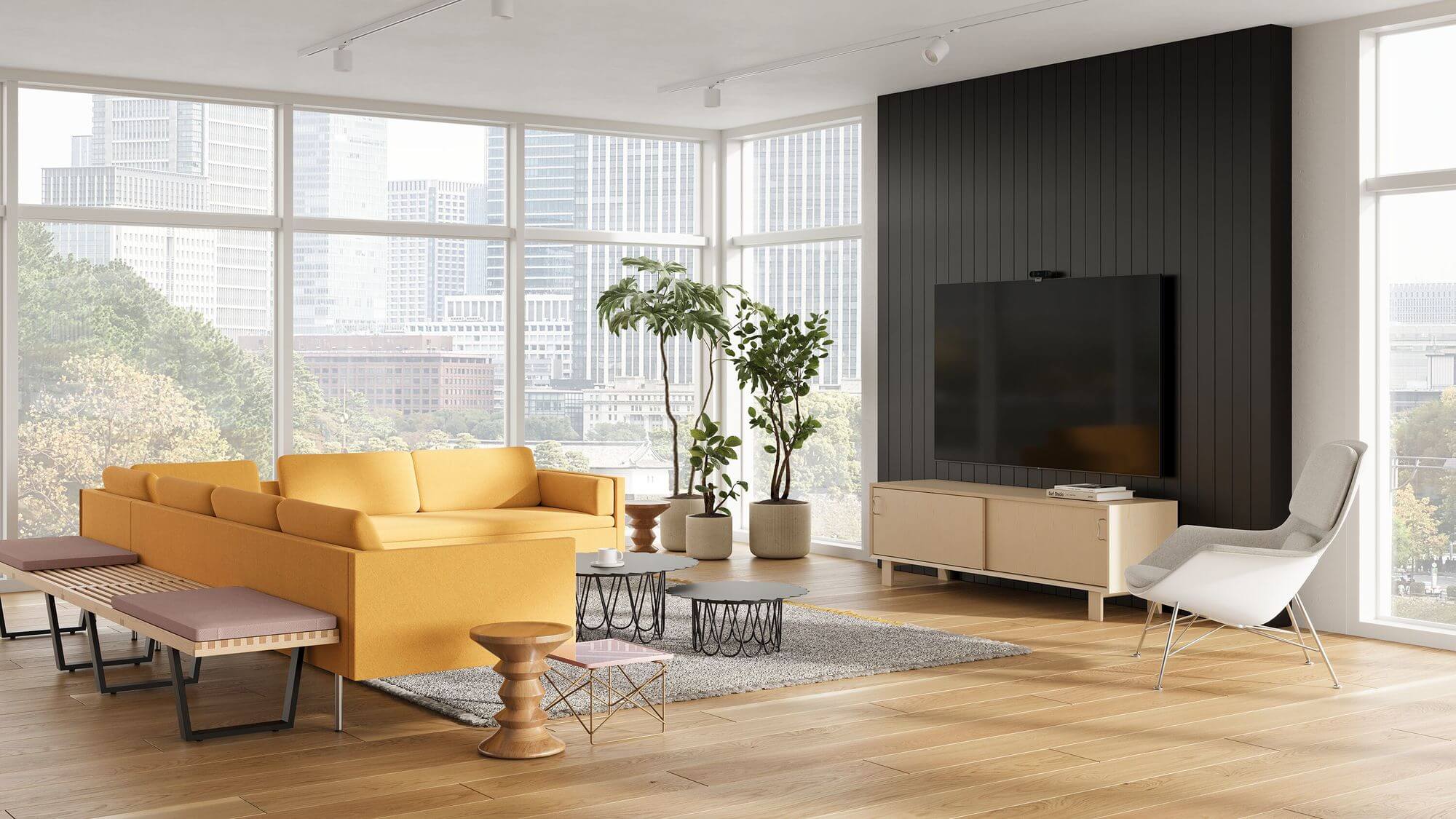 a modern lounge area in an office in sydney cbd featuring a yellow sofa a bench a light gray lounge chair in the right side and a Girard Flower Side Table in the middle of the room with big panoramic windows in the background