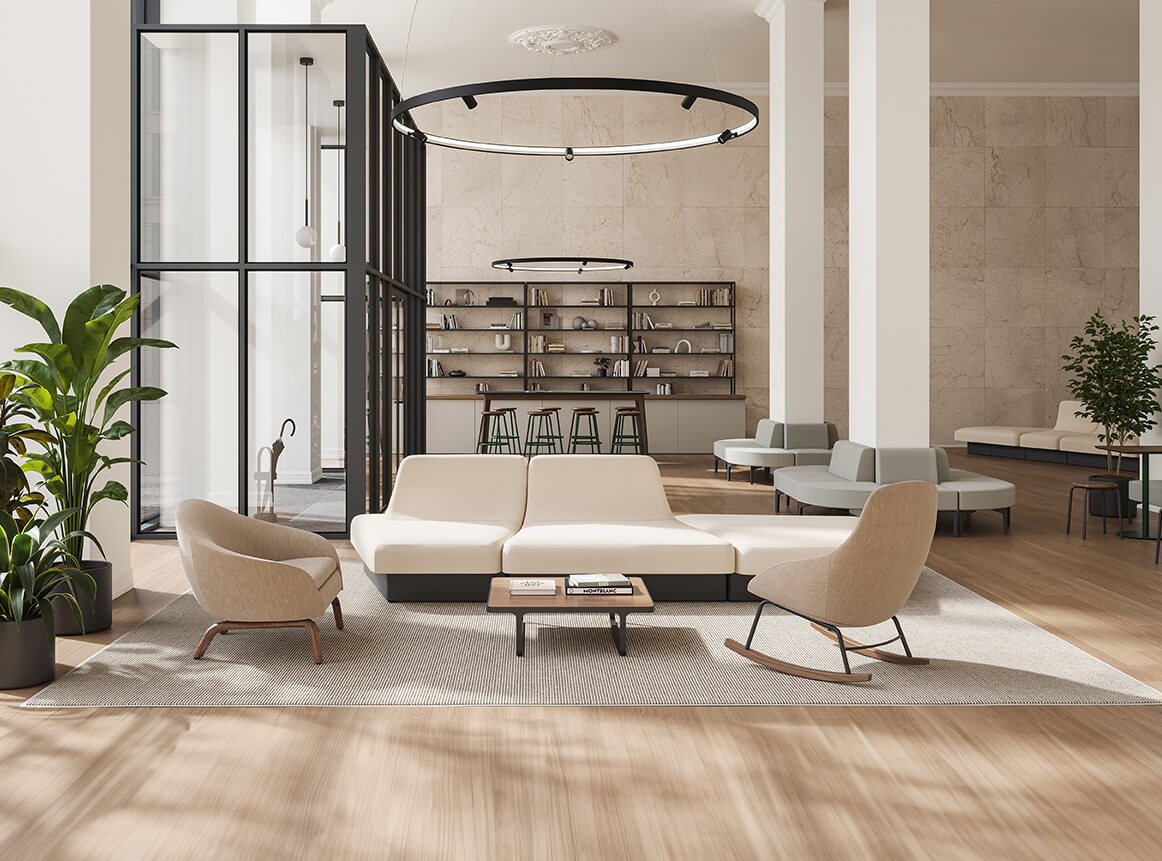 a modern and minimalistic lobby area with modular sofas in sydney cbd
