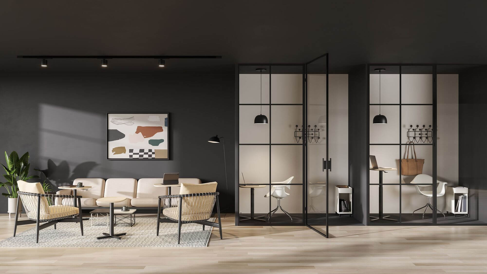 a modern workspace featuring Nelson Swag Leg Armchairs with and a small lounge area in the left side