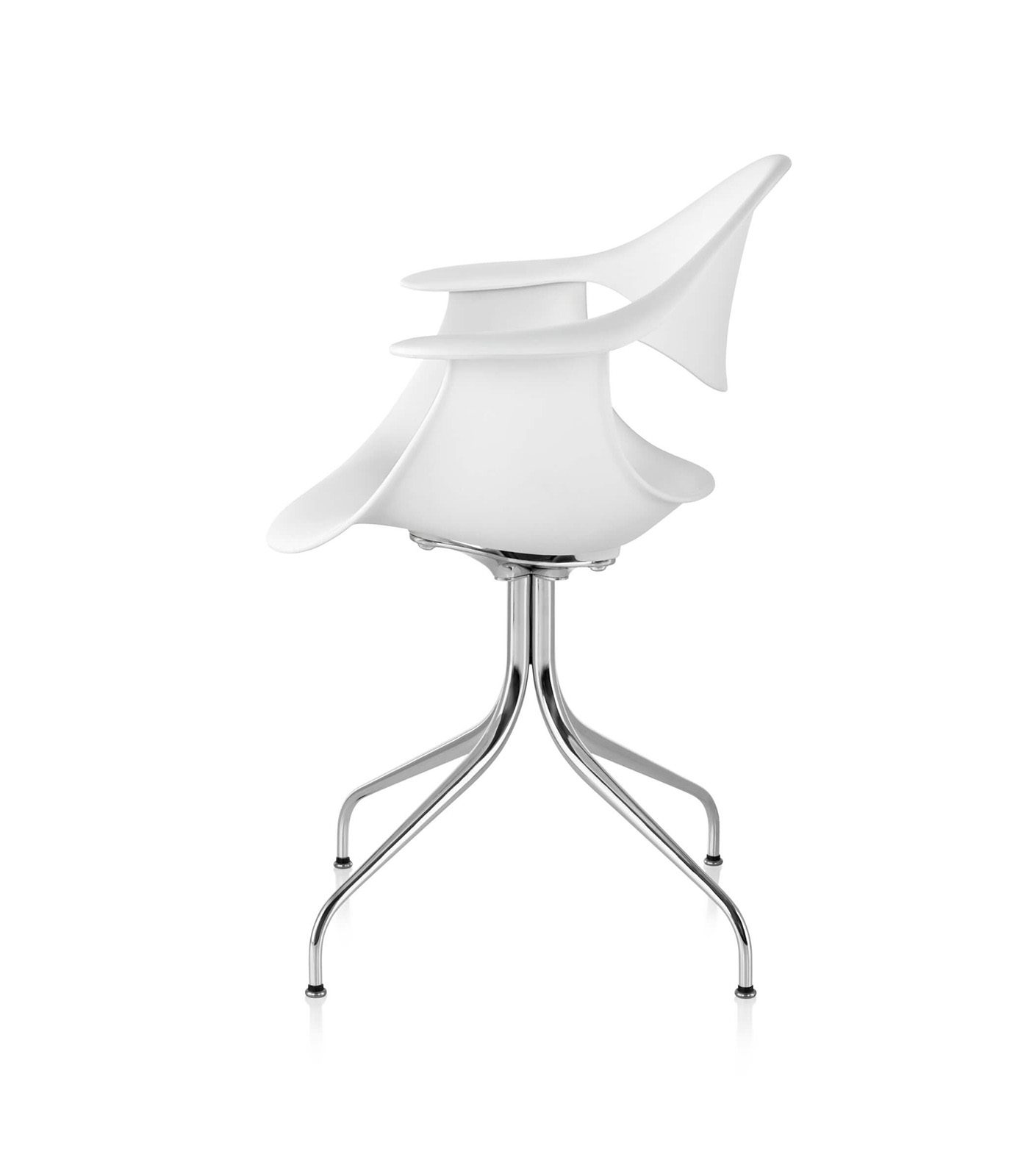The right side angle of a white Nelson Swag Leg Armchair with polished aluminium legs in a white room