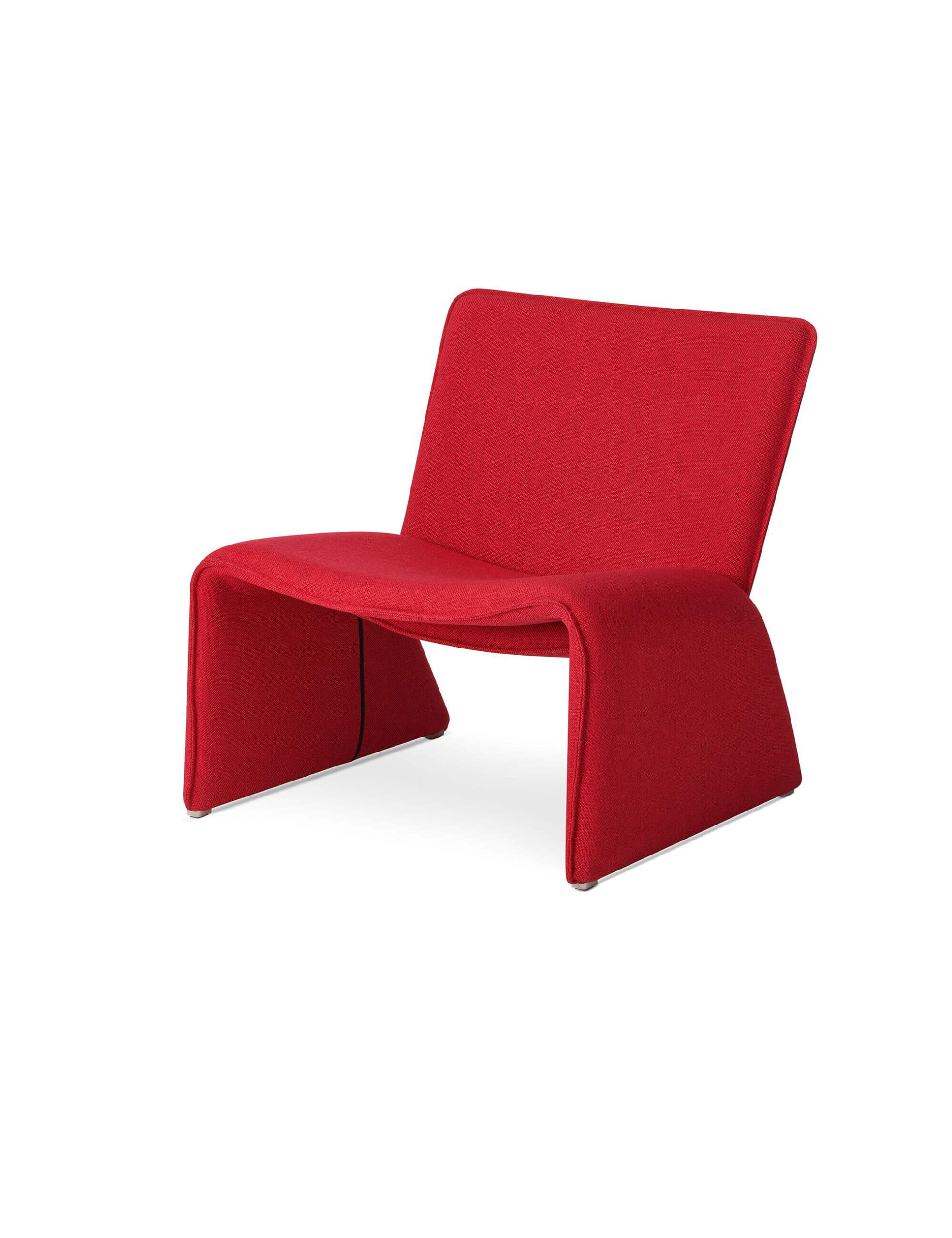 the side angle of a red fin lounge chair by naughtone in a white room