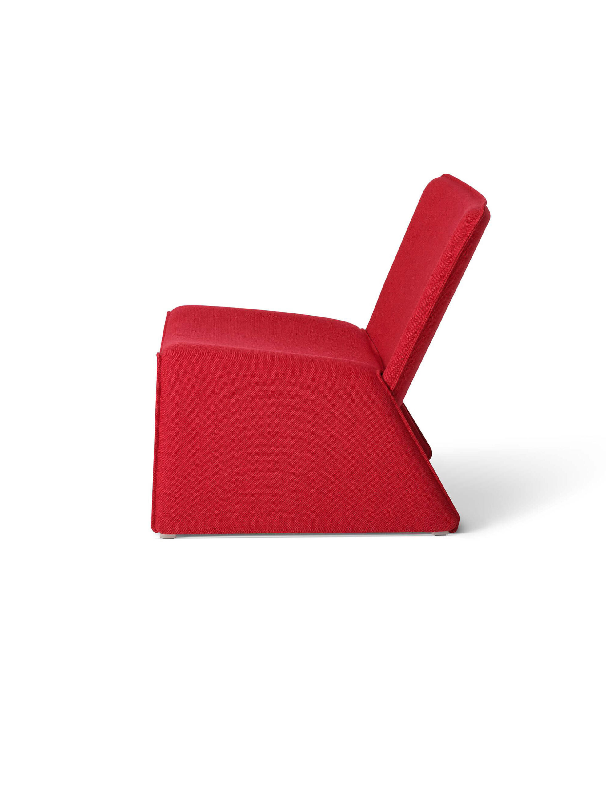 the left side of a red fin lounge chair by naughtone in a white room