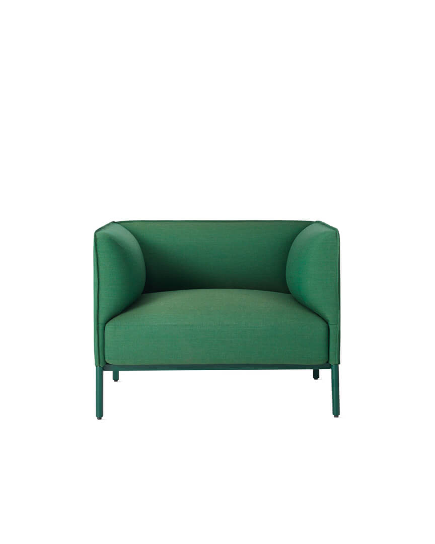 the front of a single seat green mimo sofa by naughtone in a white room