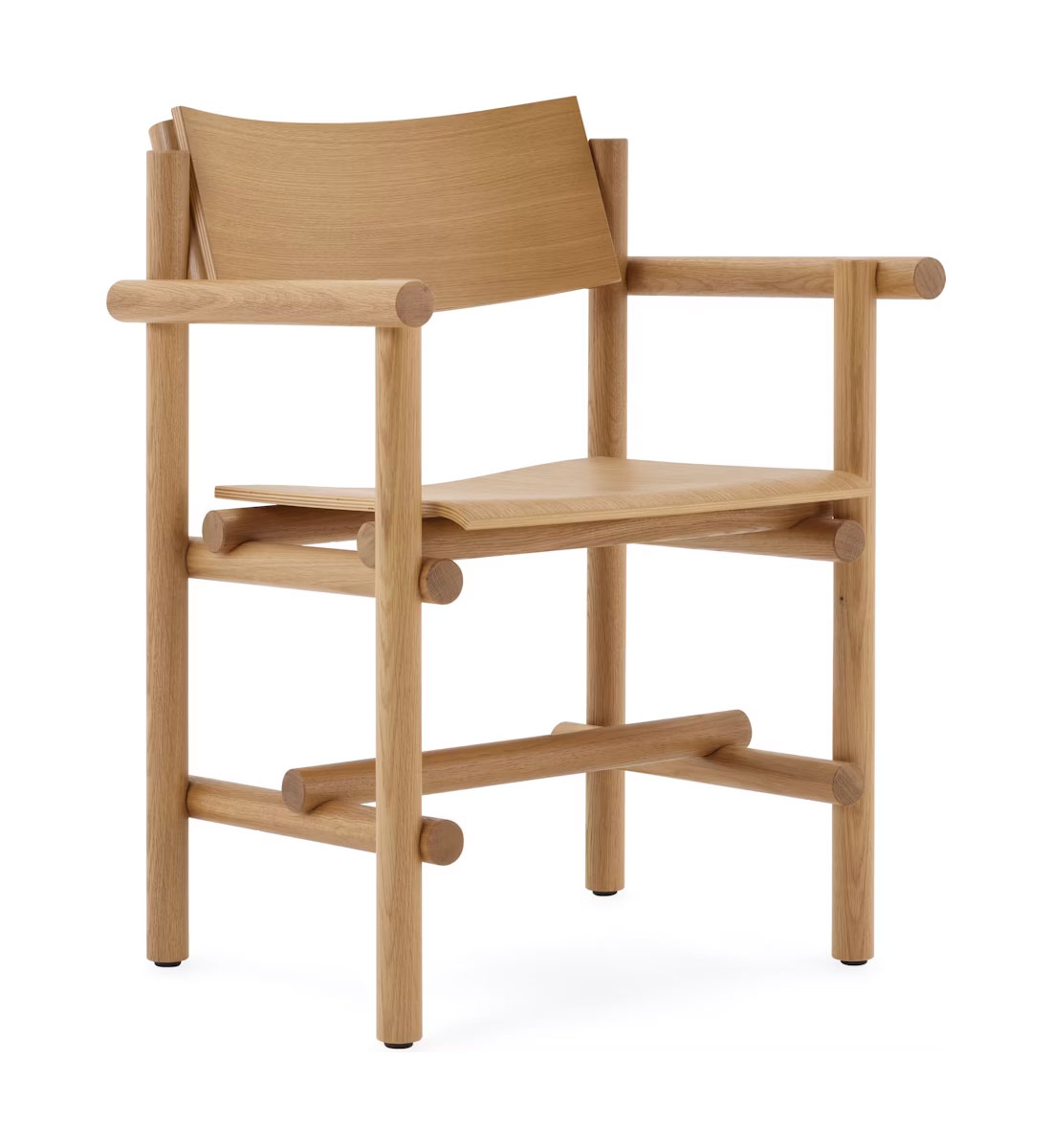 the front side angle of a wooden Muecke Armchair by knoll in a whte room